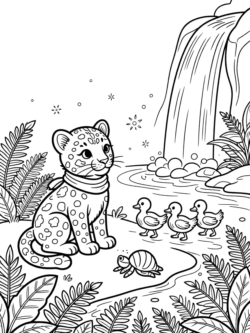 A snow leopard cub watching fireflies light up with a hermit crab near a waterfall, near a fern-covered forest floor, with a family of ducklings following behind.