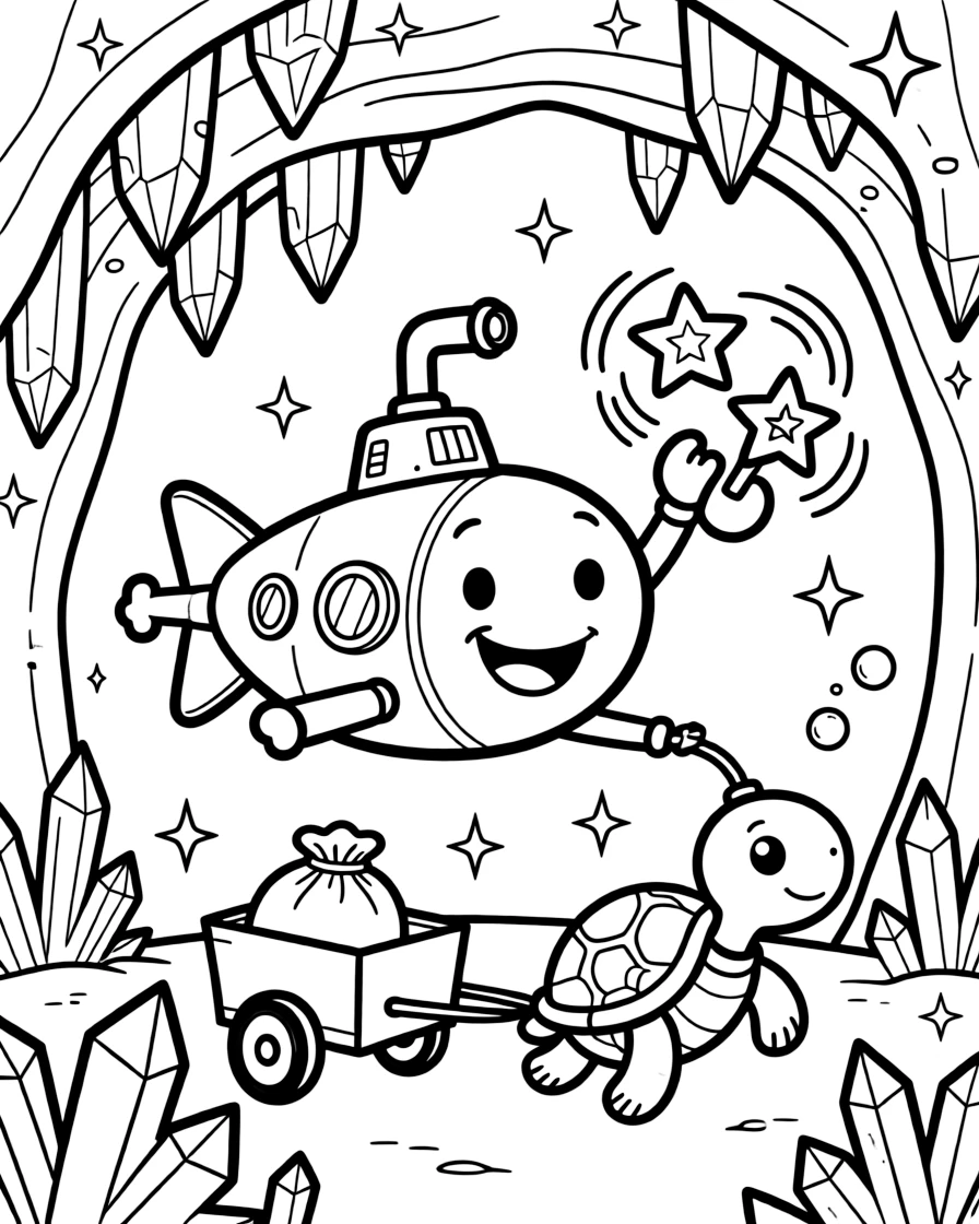 In a cavern glittering with crystal formations, a proud submarine with a bubbly personality discovers the joy of juggling glowing stars pulled from a sack, while a cart pulled by a very determined turtle watches happily nearby. It's a perfectly wonderful, magical moment.