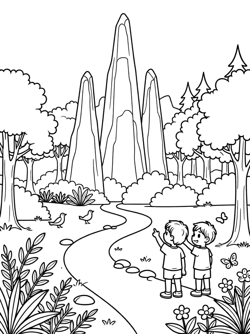 A coloring page set in Madagascar, showing tall stone spires of limestone rock rising from a forest, with a winding path leading toward it and a couple of curious children pointing excitedly.