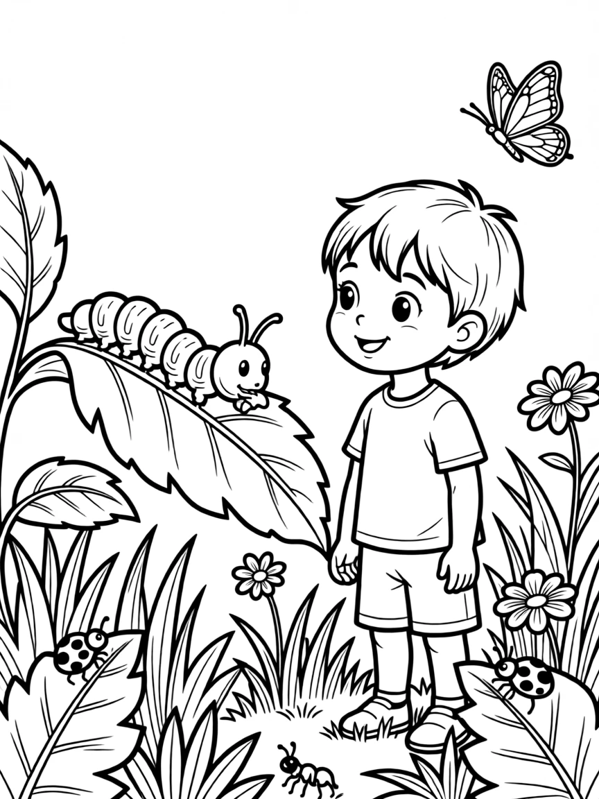 a proud small child watches a caterpillar munch a leaf, curious about its journey to becoming a butterfly.