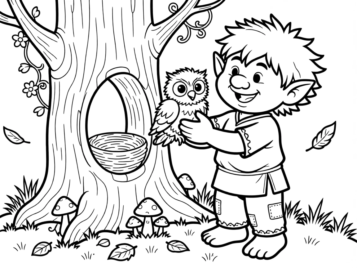 A gentle troll uses his enormous hands to carefully return a fallen baby owl to its nest in a hollow tree.