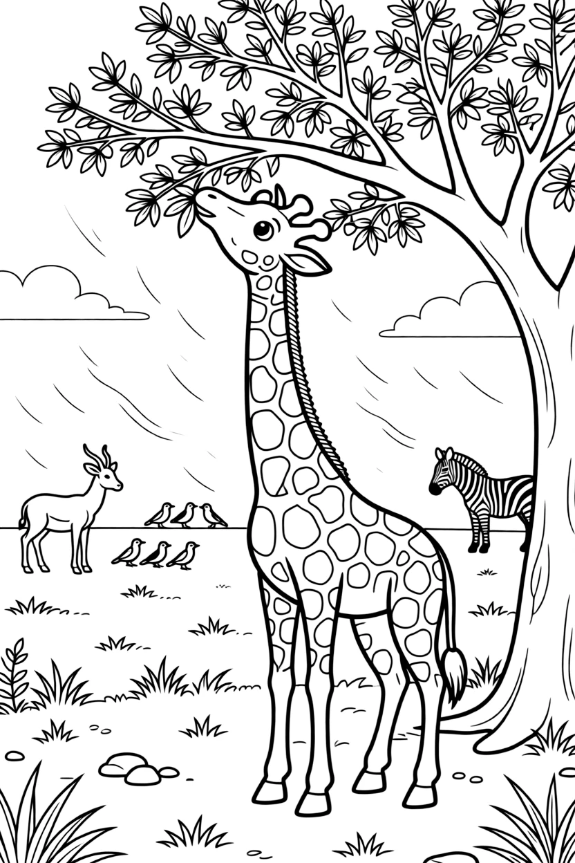 [Wild Animals] a tall giraffe reaching for leaves resting beneath a shady acacia tree on the African savanna, wide-eyed with wonder. Nearby, other animals graze peacefully in the background. Its fur pattern adds interesting texture to color. The scene is captured just after a rainstorm, with dust kicked up by the wind, giving the page a lively and adventurous feel that invites plenty of colorful detail.