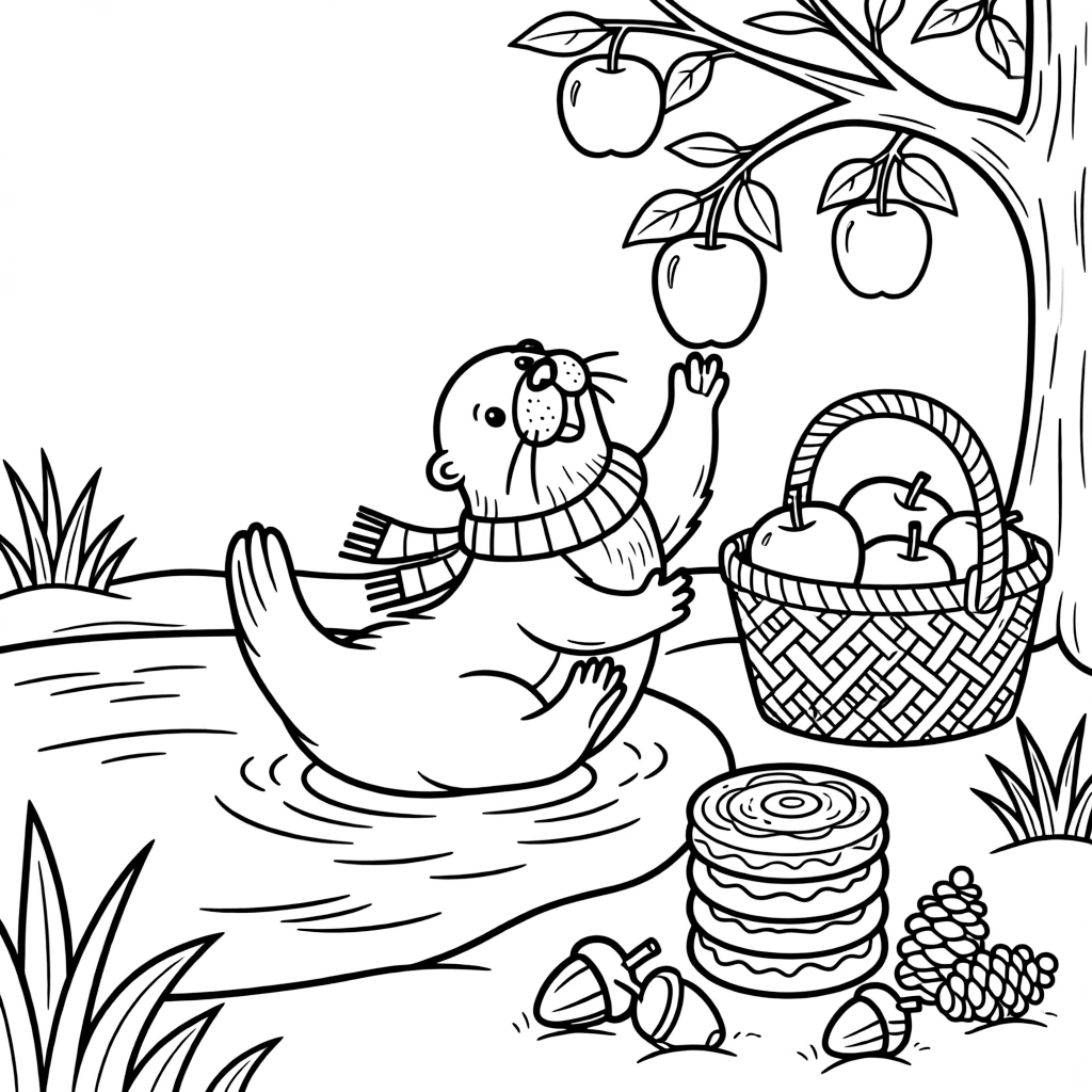A playful otter floating on its back is picking ripe apples and filling a woven basket beside a frozen pond used for ice skating. Scattered nearby, a stack of freshly baked pastries and a cluster of acorns and pinecones scattered about give the moment a cozy feel.