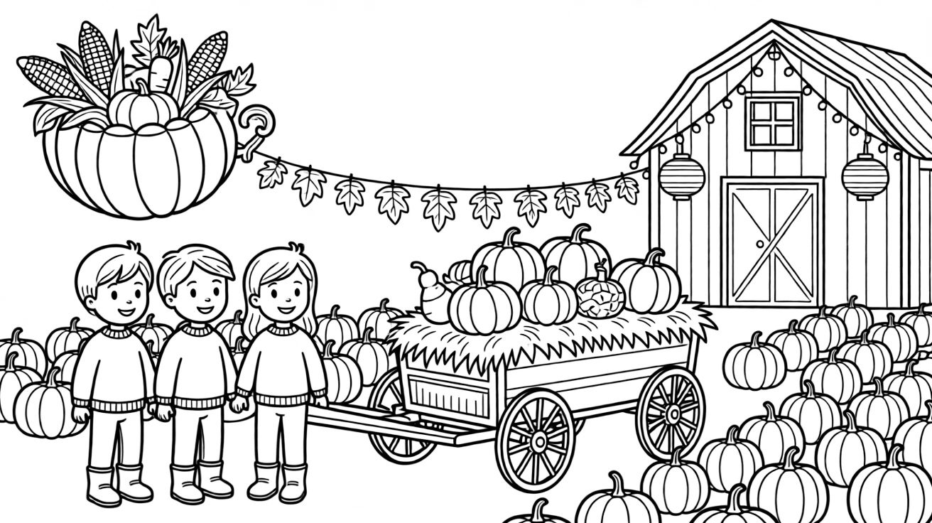 A group of three friends admiring a hayride wagon passing rows of pumpkins in a barn decorated with string lights and paper lanterns, near a cornucopia spilling over with vegetables and a string of paper leaf garlands.