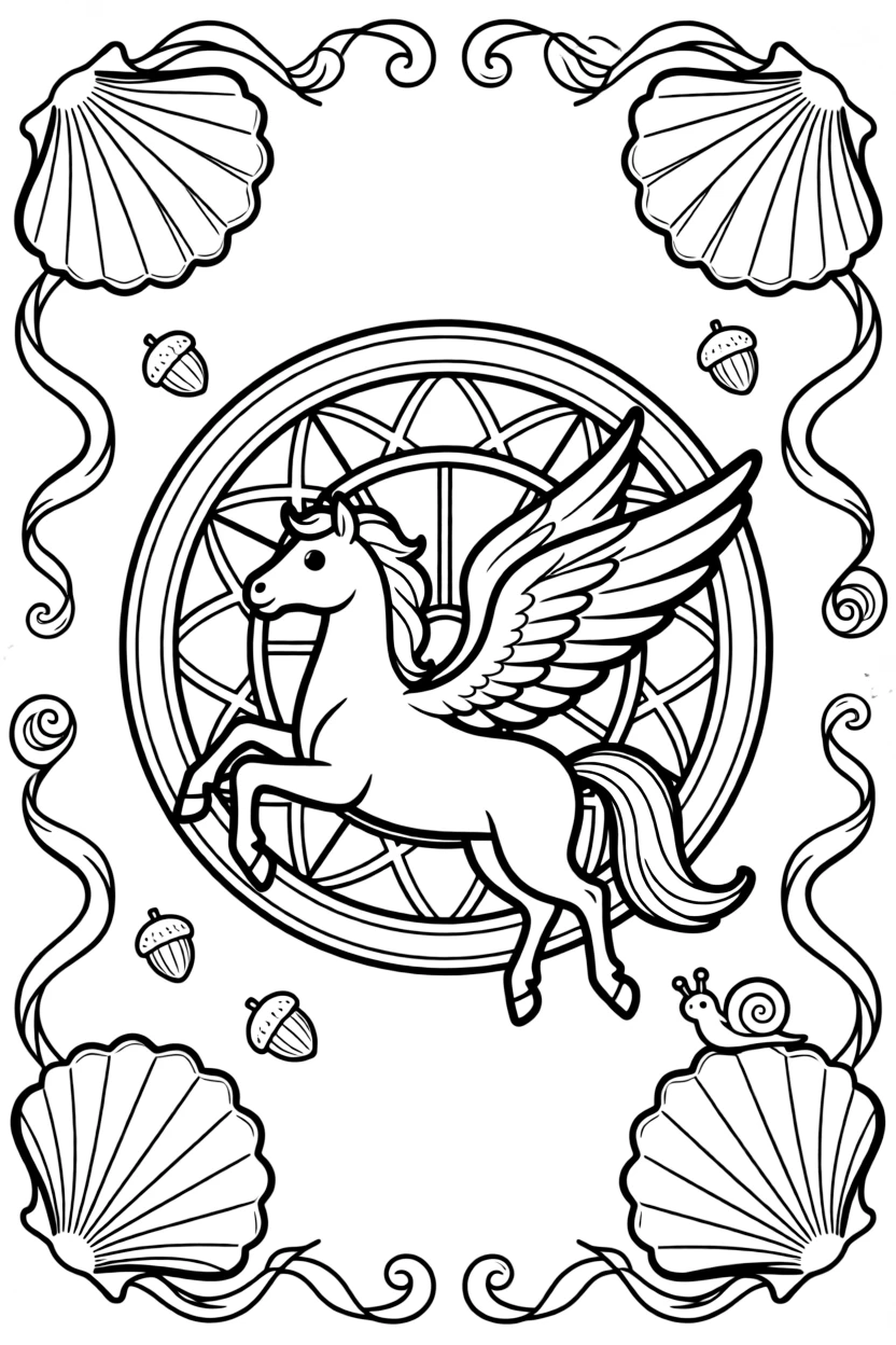 Mythical & Fantasy Creatures: The page presents a small themed scene built around a winged pegasus mid-leap with a flowing tail, tied together by a wheel-spoke mandala radiating from a round hub. The scene is arranged in a mirrored scene, with matching elements balanced on the left and right halves of the page. Decorative details fill the surrounding space, including overlapping scalloped shells, loops of ribbon curling back on themselves, and clusters of tiny acorns woven throughout the background. A playful extra touch completes the page: a little snail resting quietly on one of the larger shapes.
