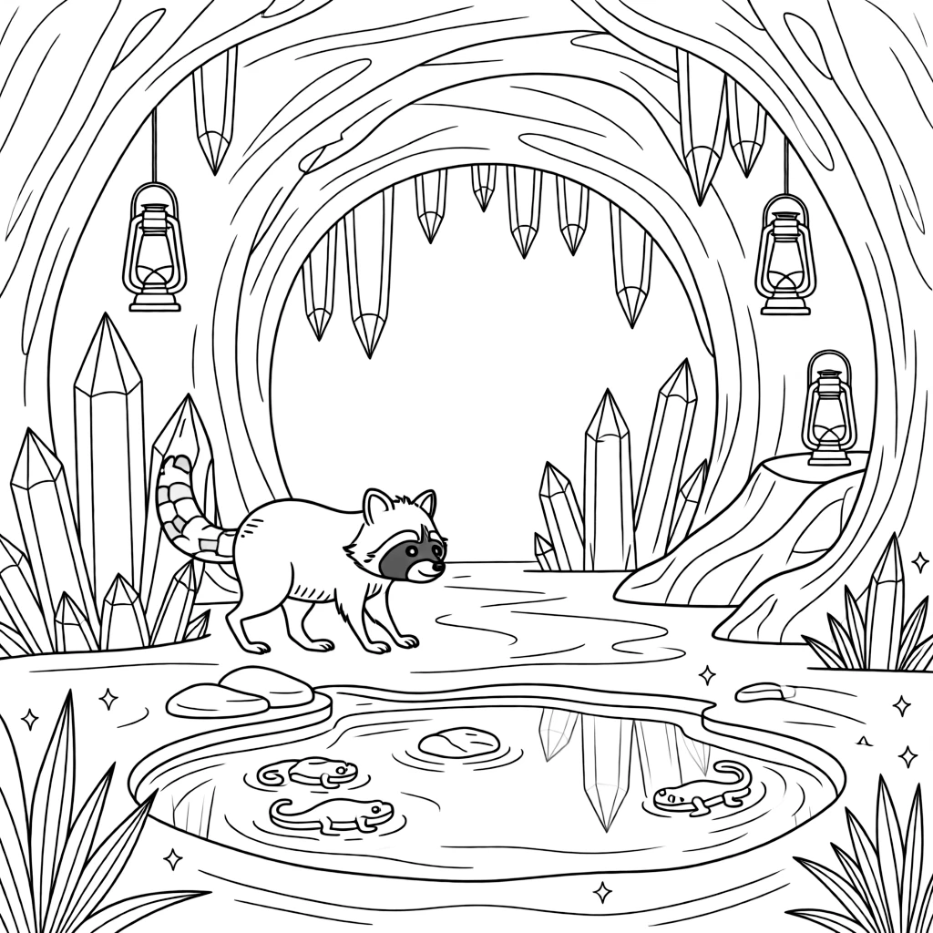 [Mystical Caves] A curious raccoon wanders past towering stalagmites deep inside a hidden cave. Salamanders rest on damp stones near a pool reflecting the glow of crystal light. Towering stalactites and stalagmites form natural archways throughout the glittering cavern. Cool, still air fills the cave as lantern light flickers across the crystal walls.