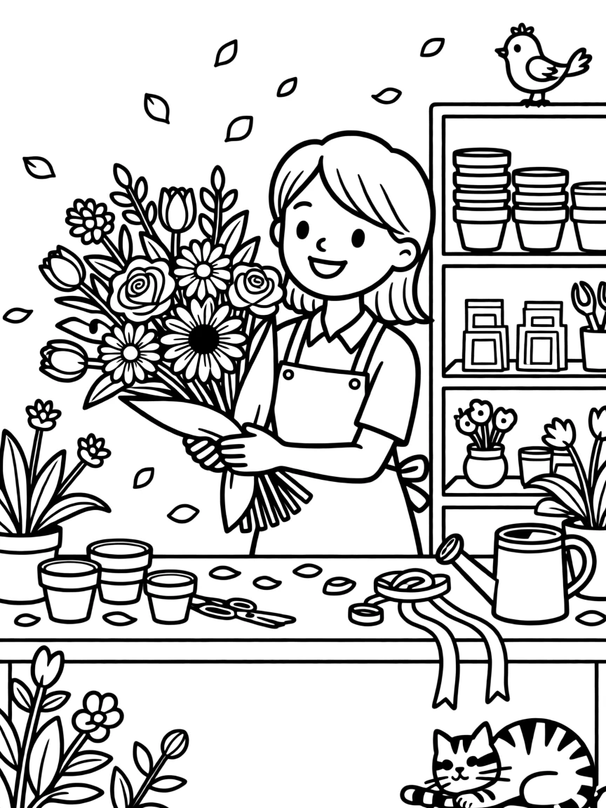 A florist arranges a bouquet of colorful flowers at a busy flower shop counter.