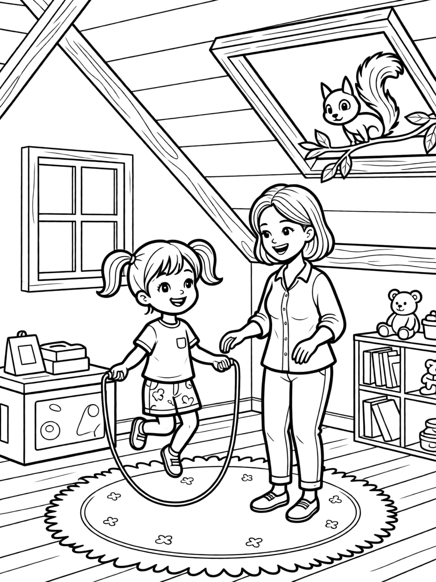 A little girl jumping rope with an aunt in an attic playroom while a squirrel peeks from a branch.