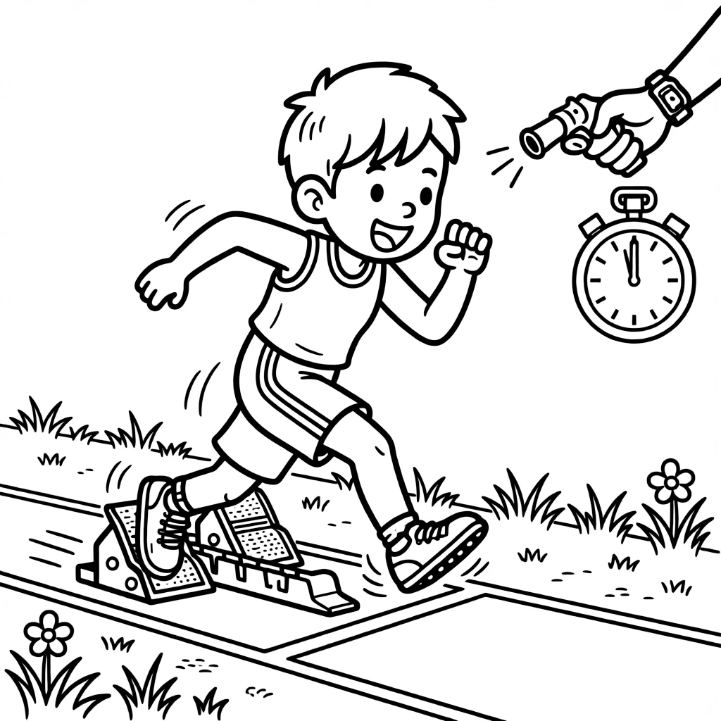 A cheerful young boy, bursting out of the starting blocks the instant the starter's pistol fires.