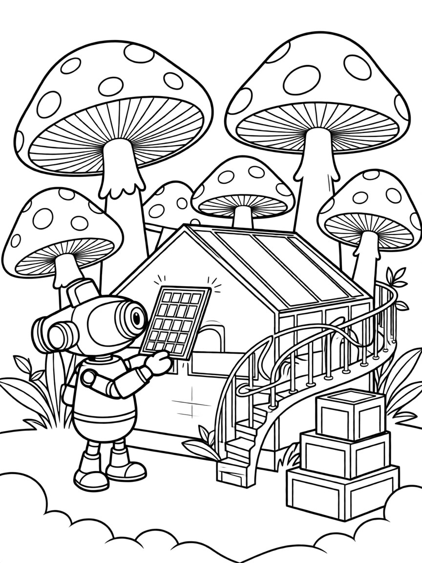 Bolt-9, a robot with a periscope head grafting a new solar panel onto a robot farmer's greenhouse near a jungle of giant glowing mushrooms on a misty alien world, surrounded by a spiral staircase wrapped in glowing vines and a stack of colorful supply crates.