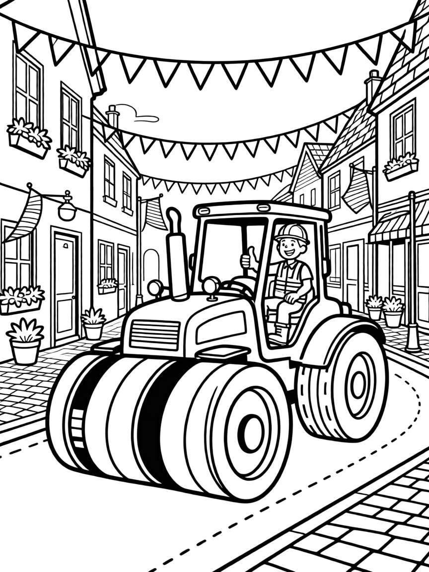A big, friendly a striped steamroller flattening fresh pavement rolls through a small town main street decorated with fluttering flags, with a construction worker giving a big thumbs up enjoying the ride and a string of triangle pennant flags overhead adding a playful touch.