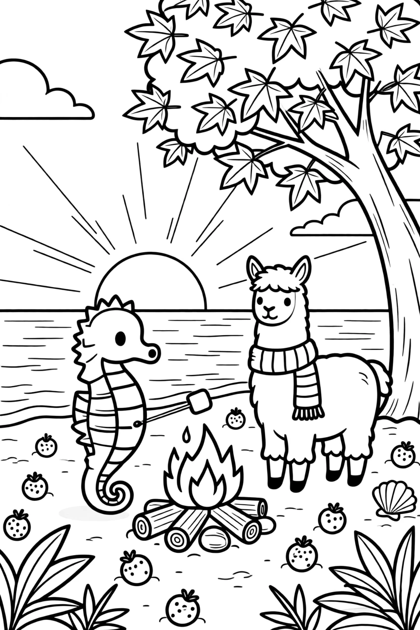 A seahorse roasting marshmallows by a campfire with a llama on a tropical beach at sunset, near a maple tree in autumn colors, with ripe berries scattered on the ground.