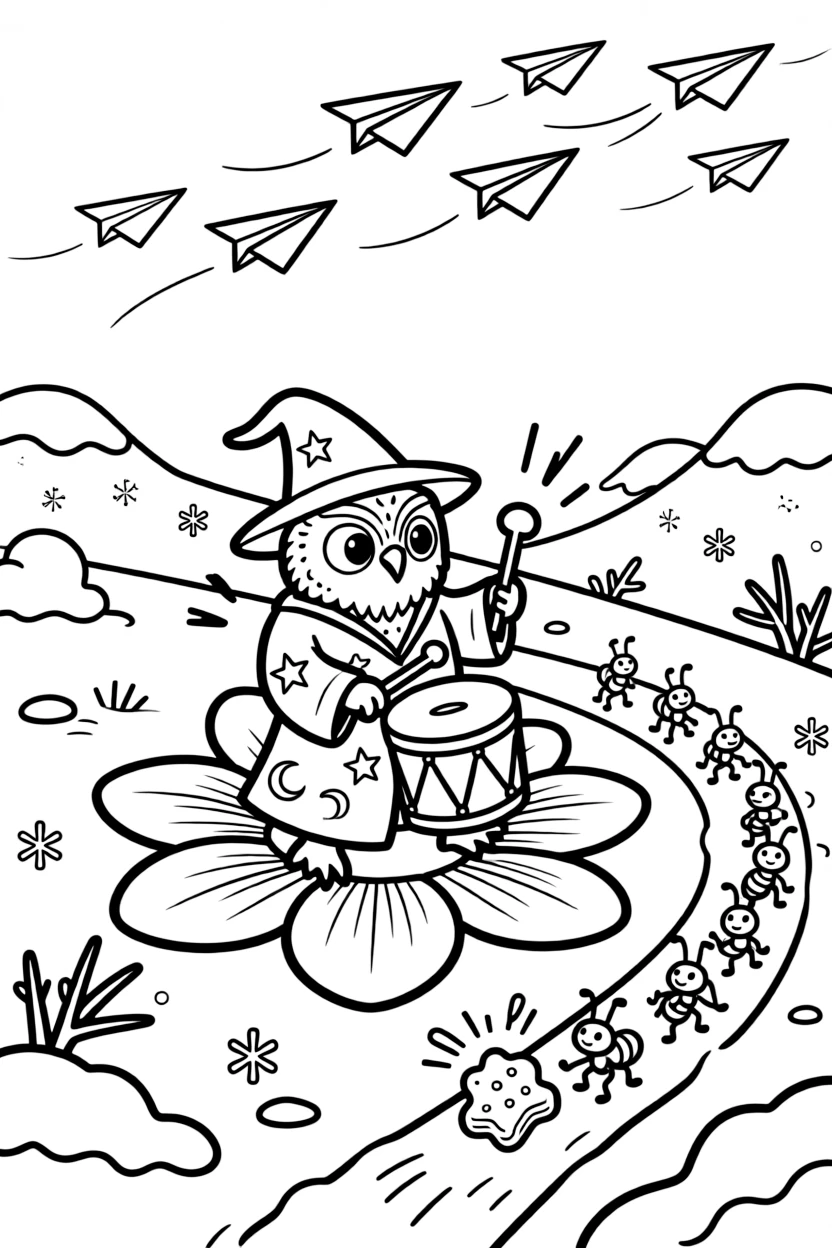 On a ski slope dusted with sparkling snow, a proud snow owl wizard is busy playing a drum solo on giant flower petals, cheered on by a flock of paper airplanes soaring overhead and a line of ants carrying a picnic crumb. Little cheers of excitement fill the air.