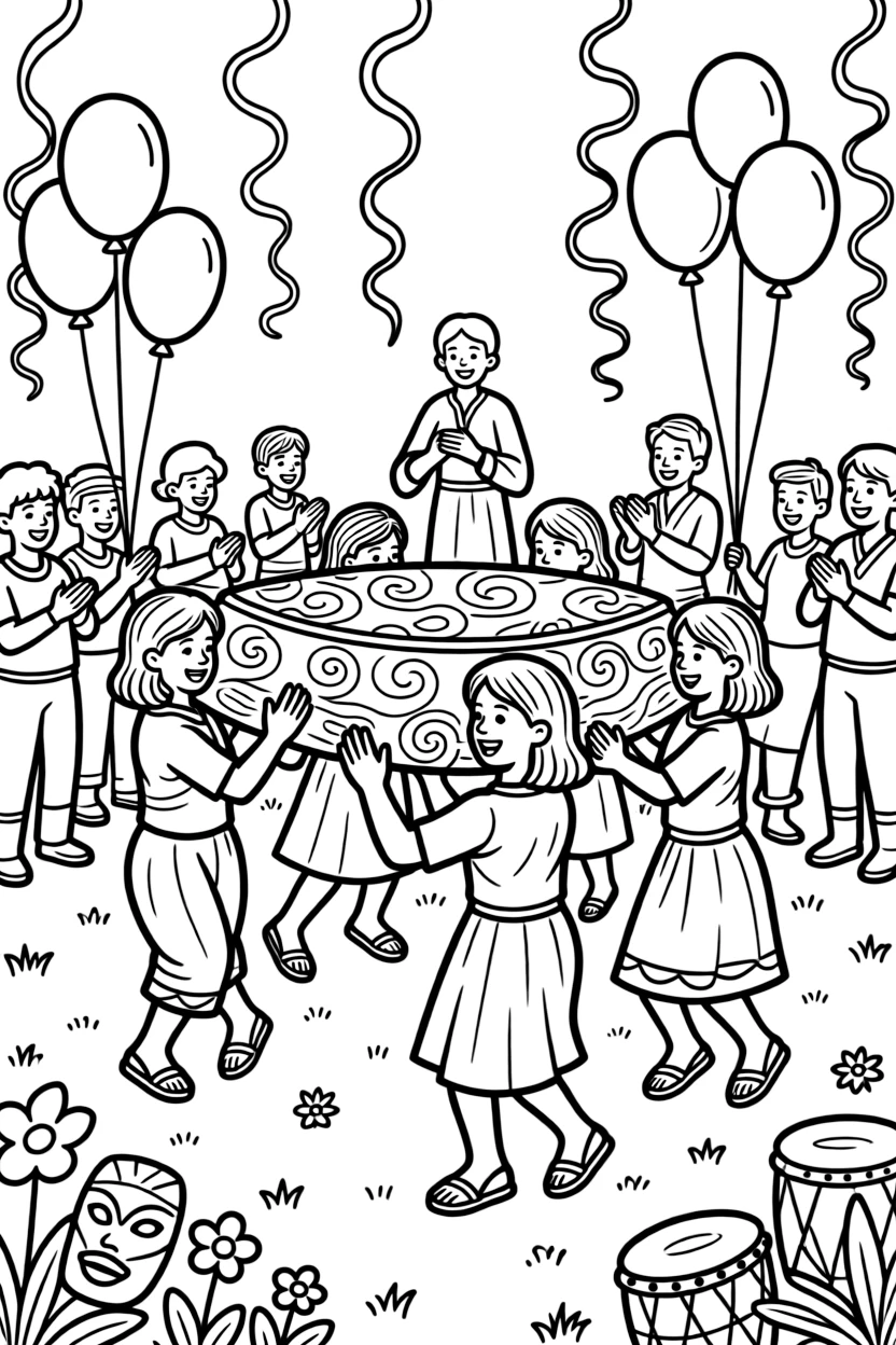 A coloring page bursting with festival energy from Madagascar, depicting the Famadihana celebration with families dancing while carrying decorated cloth, with balloons, streamers, and happy onlookers filling the scene.