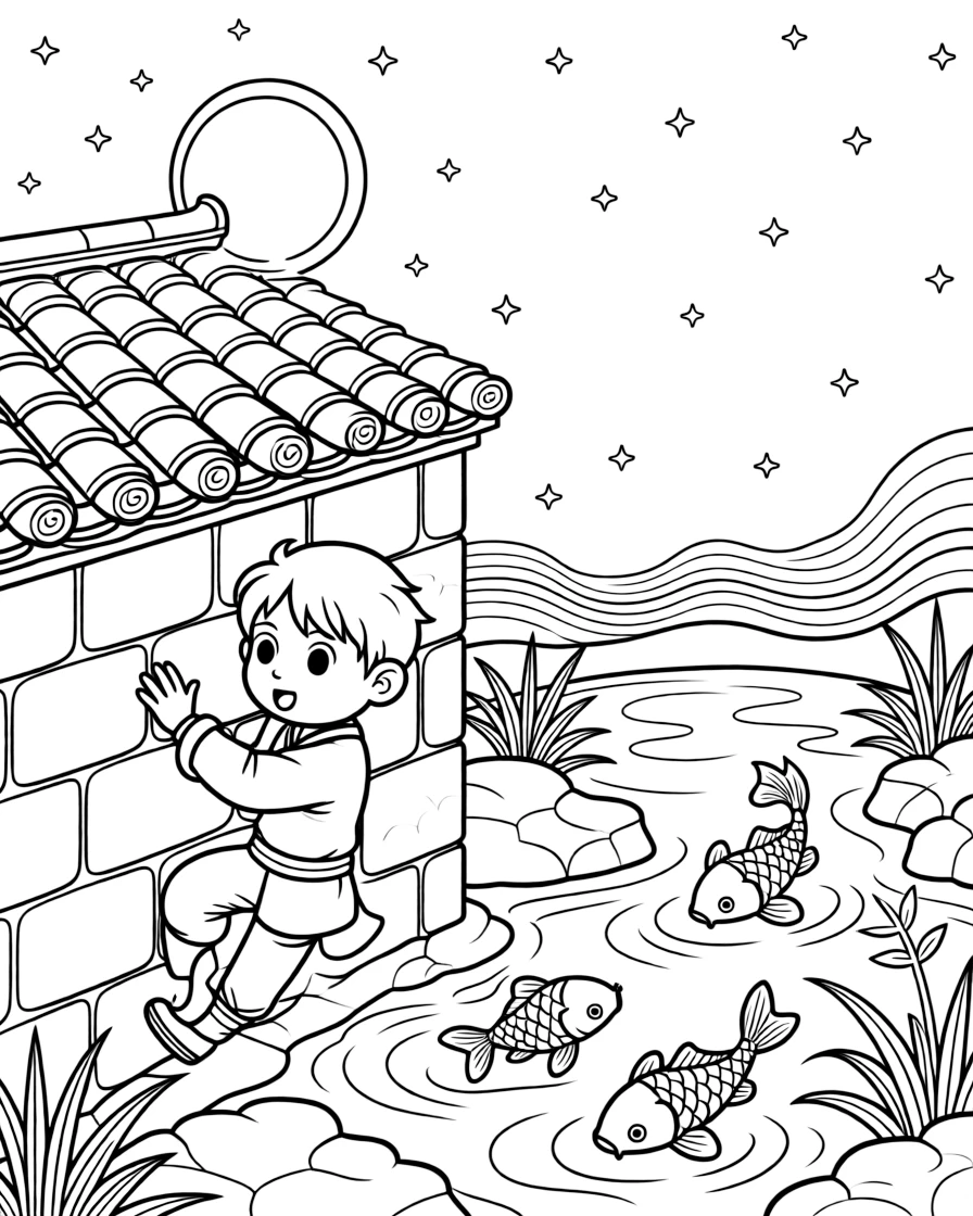 [Ninjas] A dynamic scene shows a ninja practicing in a training yard climbing a stone wall with quiet steps atop a tiled rooftop, gasping in amazement. Close by, a koi pond ripples nearby. Moonlight highlights the rooftop tiles. The moment unfolds under a starry night sky, with heat waves shimmering in the distance, filled with energetic detail perfect for a young colorist.