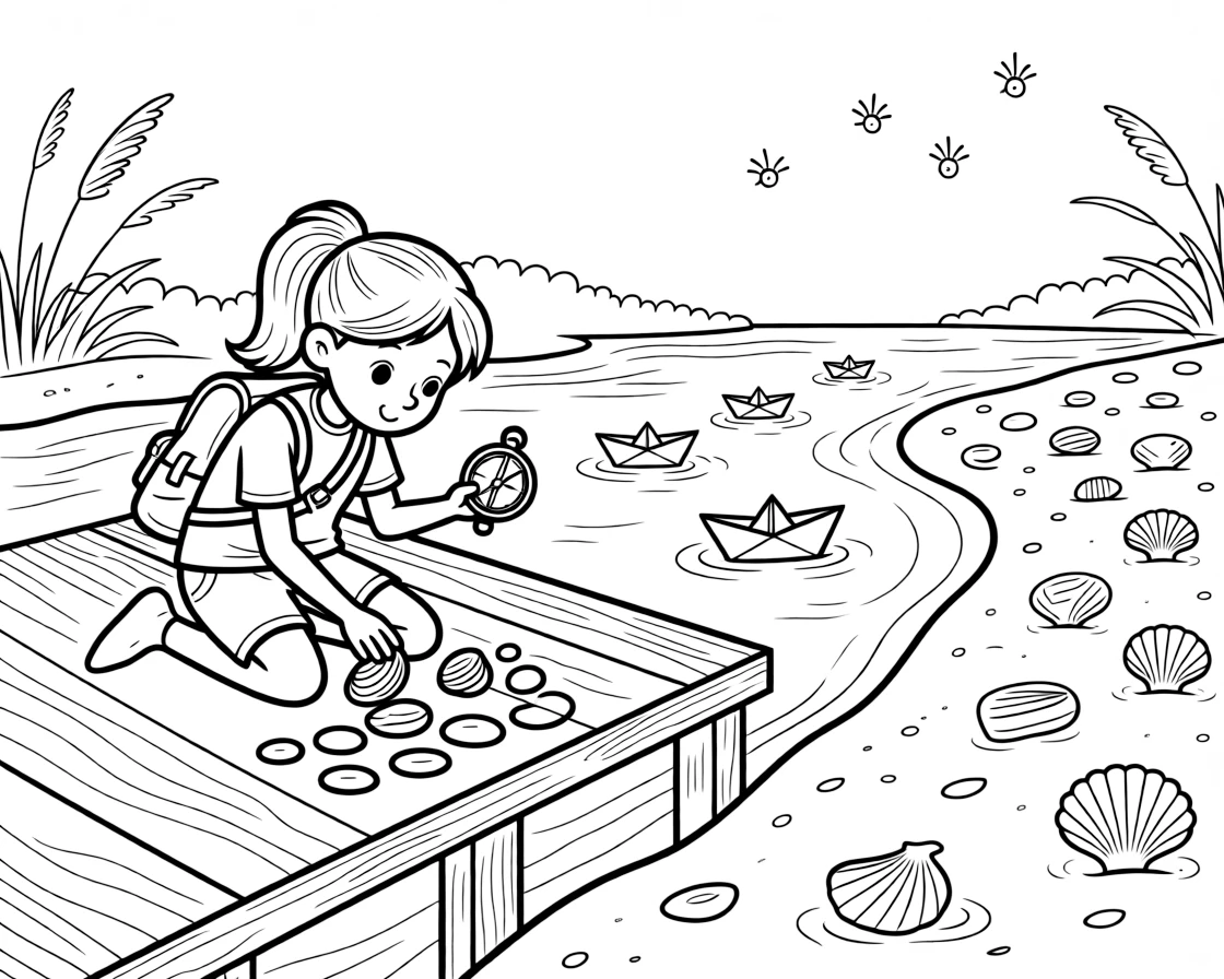 A girl explorer with a backpack and compass is sorting seashells and pebbles by size and color on a riverside dock with paper boats floating by. Just beyond, glittering seashells scattered on the sand and twinkling fireflies rising into the air add to the delightful moment.
