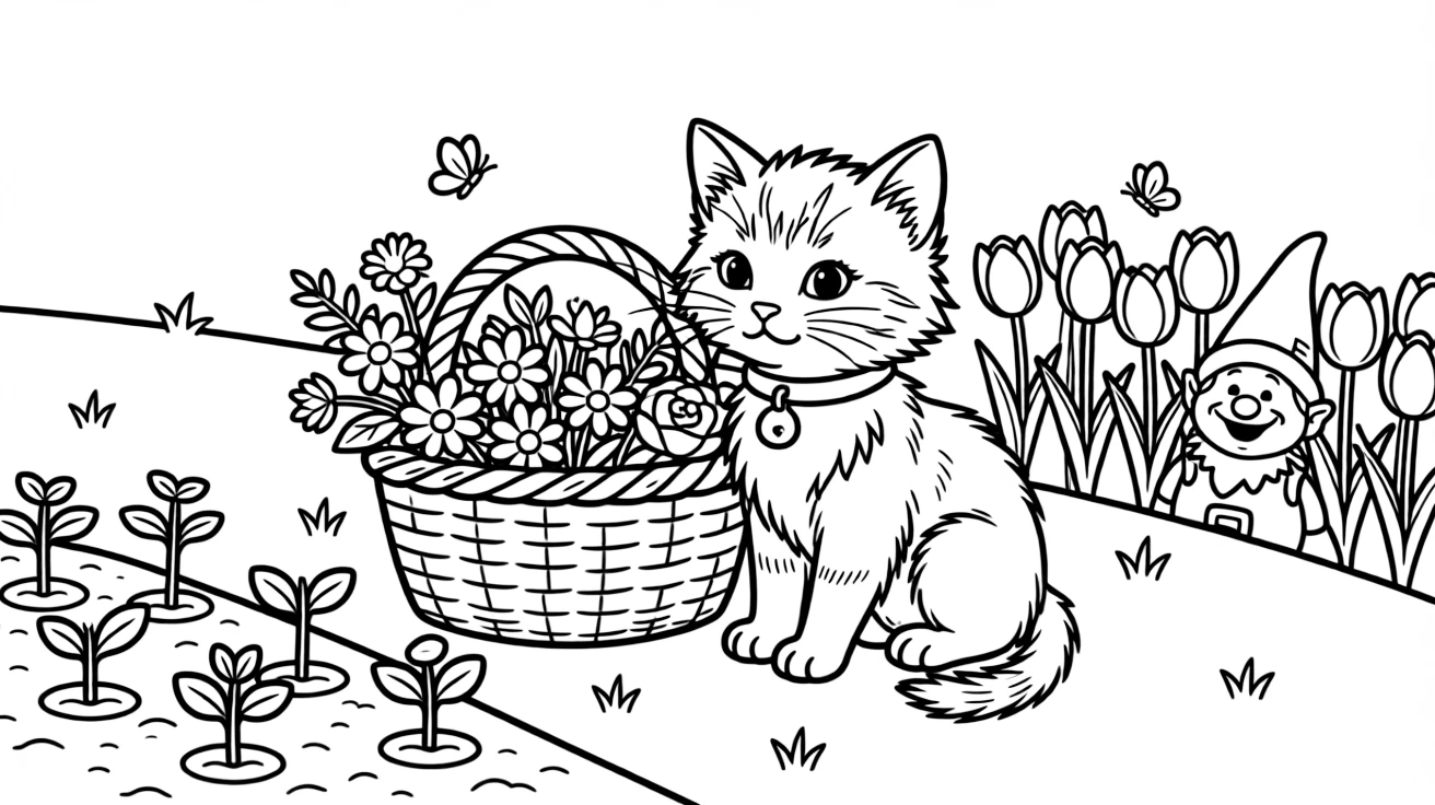 A curious kitten admiring a basket of flowers placed gently on a hill in a sunny backyard with a freshly planted vegetable patch, near a row of colorful tulips and a garden gnome peeking from the flowers.