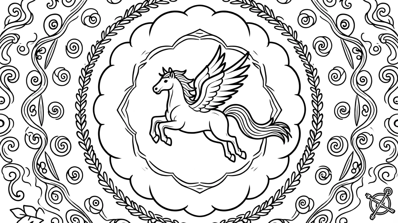 Mythical & Fantasy Creatures: The design turns a winged pegasus mid-leap with a flowing tail into a kaleidoscope-style composition anchored by a cloud-ring mandala made of puffy overlapping curves. The imagery is reflected six times around a central point, so each wedge of the page mirrors the one beside it. Decorative details fill the surrounding space, including rows of curling wave shapes, pinwheel blades spinning in place, and rows of gentle leaf veins branching outward woven throughout the background. A playful extra touch completes the page: a tiny compass shape resting in one corner of the design.