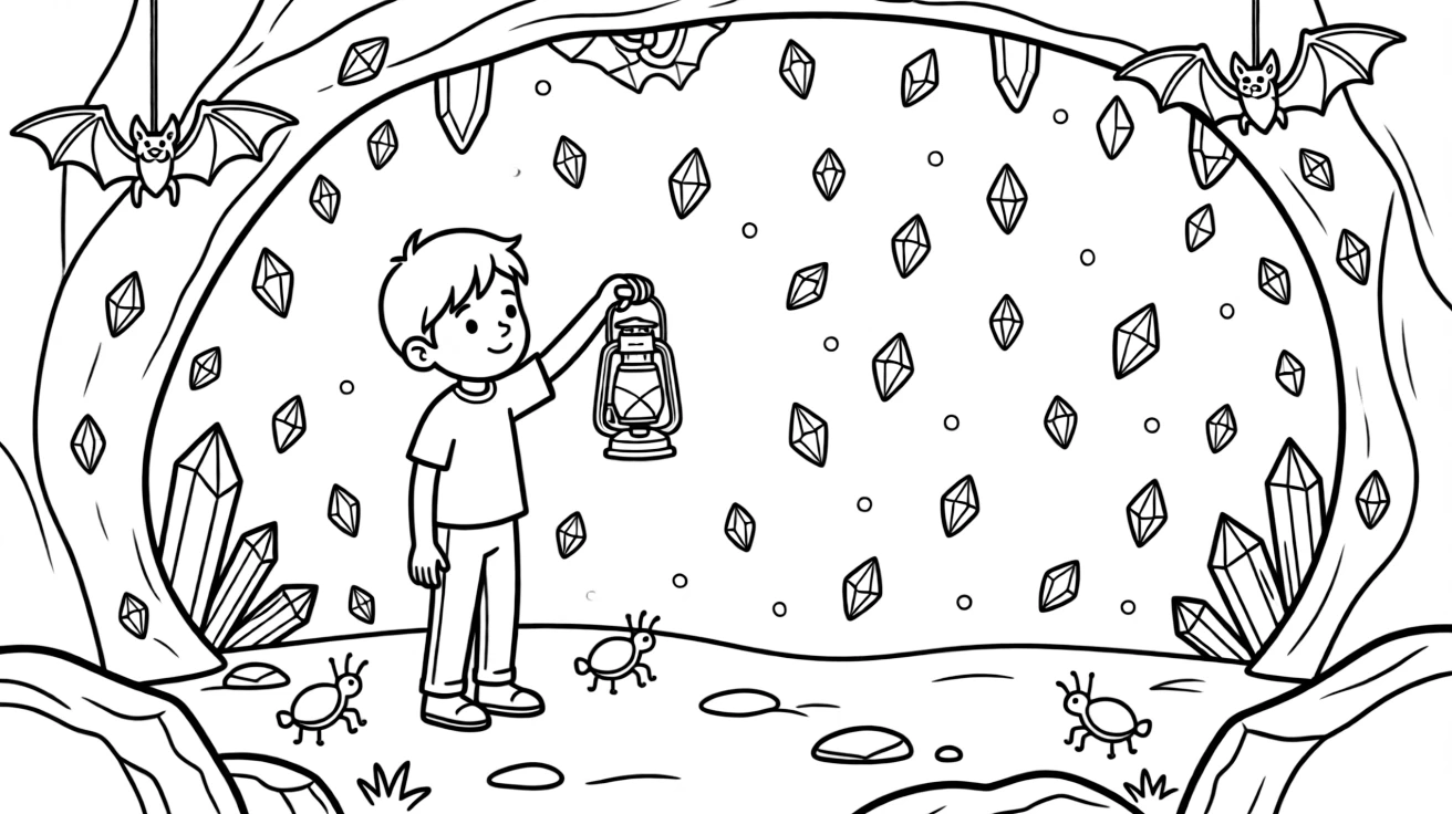 [Mystical Caves] A young explorer holds up a lantern, illuminating a cave wall covered in sparkling crystals. Tiny cave crickets hop between rocks while bats hang quietly from the ceiling above. Glowing crystals embedded in the cave walls light the path like tiny stars. Soft blue light glows from the crystals, filling the cavern with a magical shimmer.