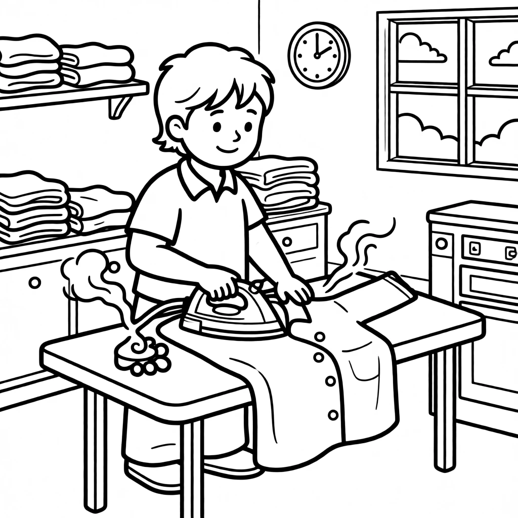 A dry cleaner presses a shirt with a big steaming iron press.