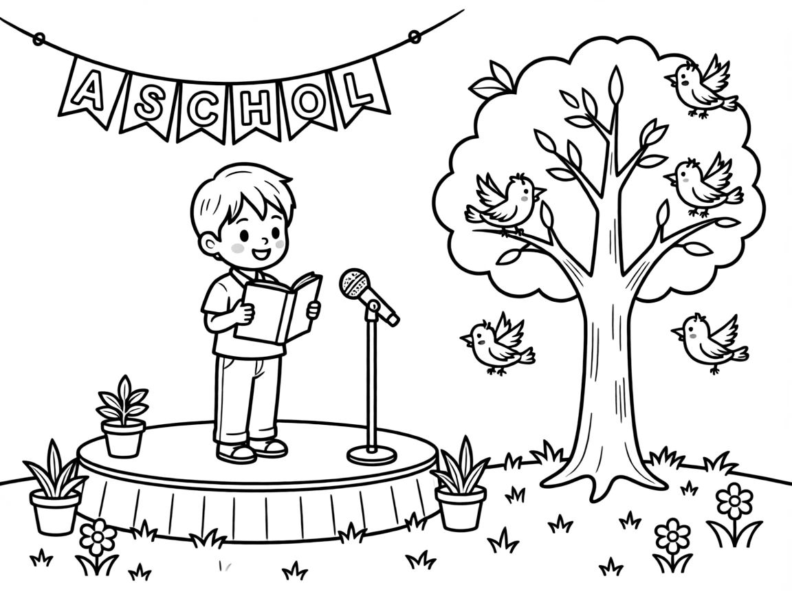 A shy toddler presenting a book report at a school talent show as birds chirp in a nearby tree.