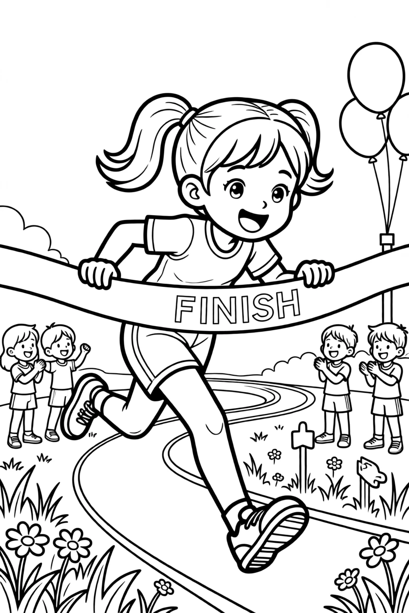 A determined girl with pigtails, leaning forward to break the finish line tape in first place.