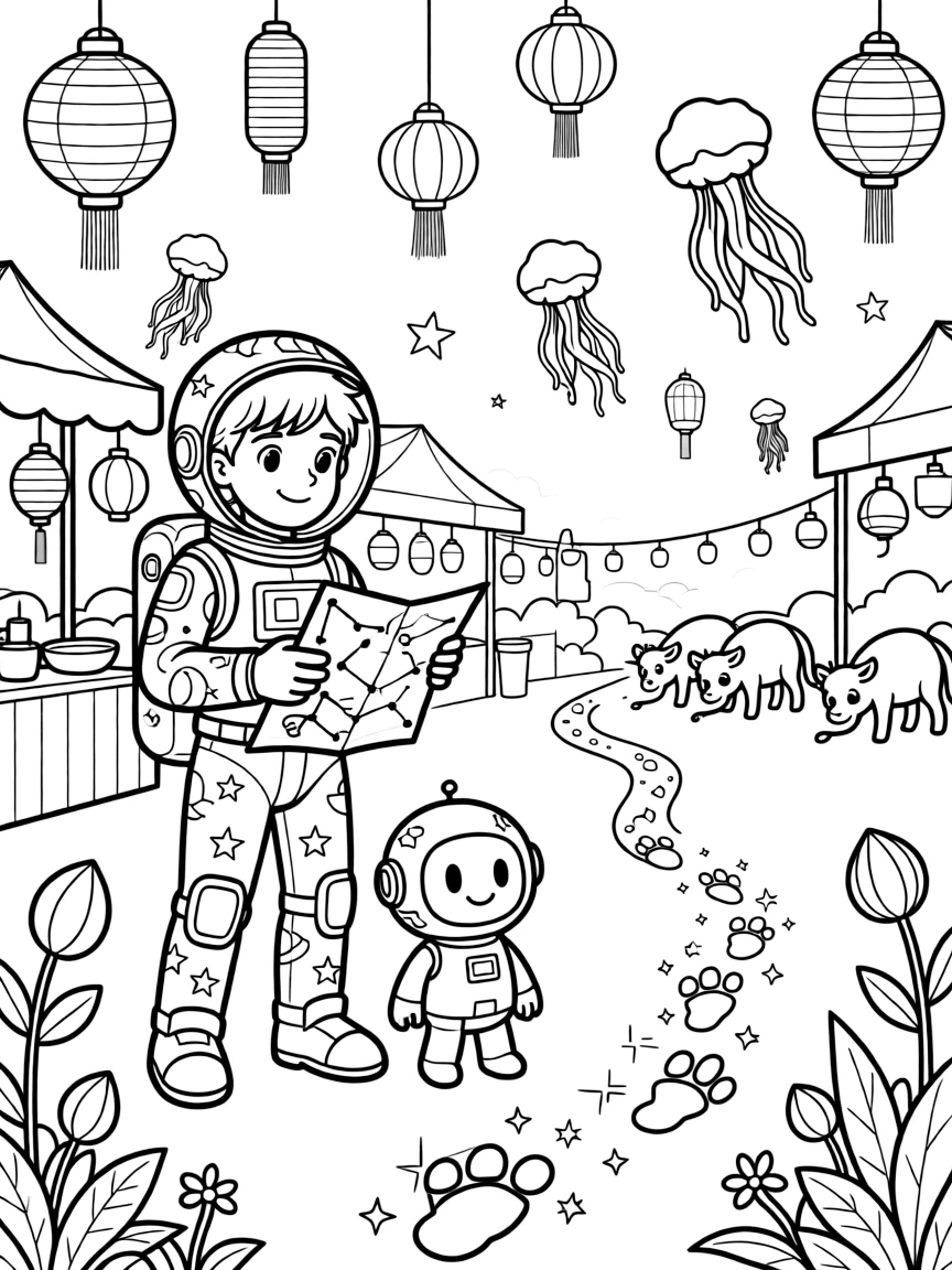 Star Scout Vega, a young space explorer in a starry spacesuit helping a lost robot find its way home using a star map, in a night market lit by paper lanterns and glowing jellyfish, with a trail of glowing footprints leading into the distance and a herd of gentle six-legged alien creatures grazing nearby nearby.