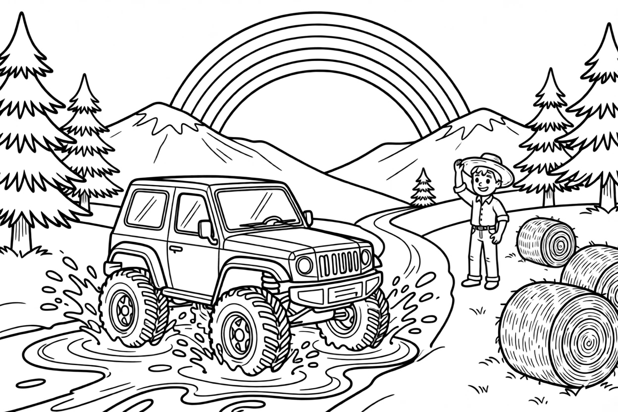 A coloring page featuring a rugged all-terrain vehicle splashing through a mud puddle, traveling through a snowy mountain pass with pine trees dusted in white, with a friendly farmer tipping his straw hat and hay bales dotted across the nearby field and a rainbow arching across the sky filling the scene.