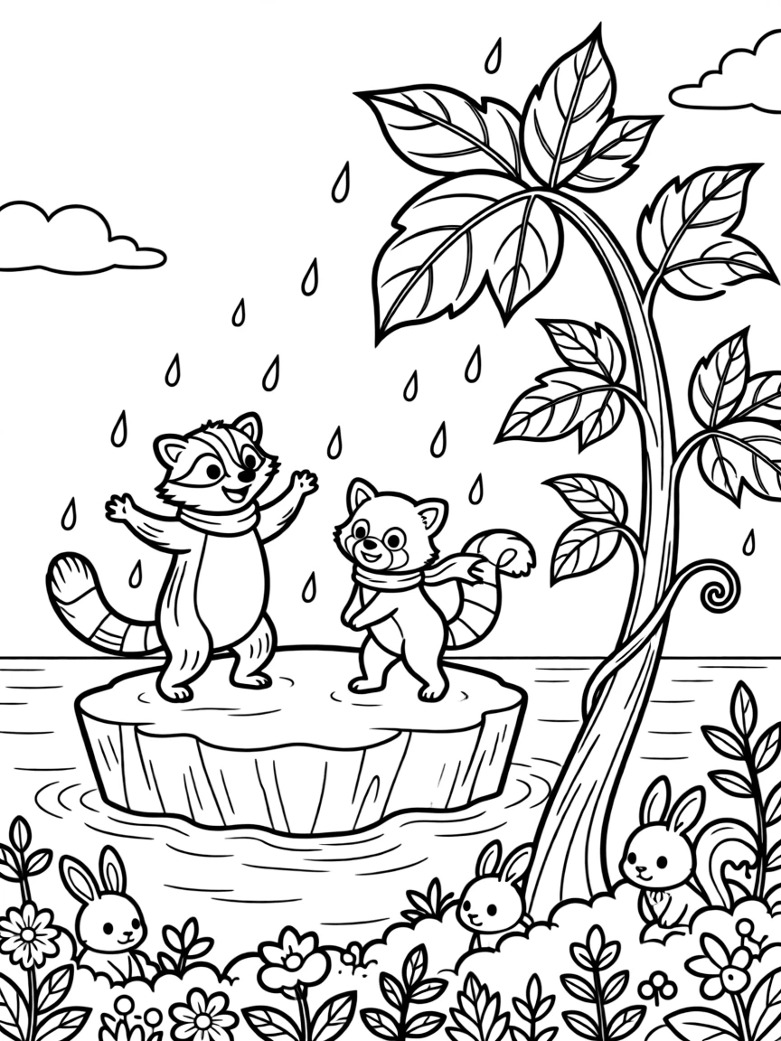 A badger on an iceberg in the arctic sea, dancing in the rain with a red panda, next to a giant beanstalk, while baby animals peek out from the bushes.