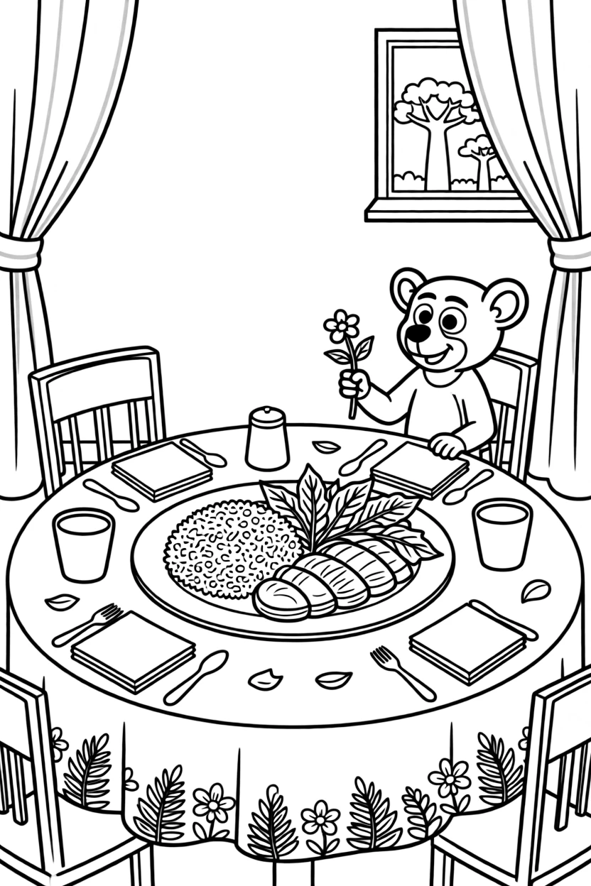A coloring page of a cozy mealtime scene from Madagascar featuring a plate of rice with zebu meat and greens, arranged on a table with napkins, cups, and a cheerful centerpiece.