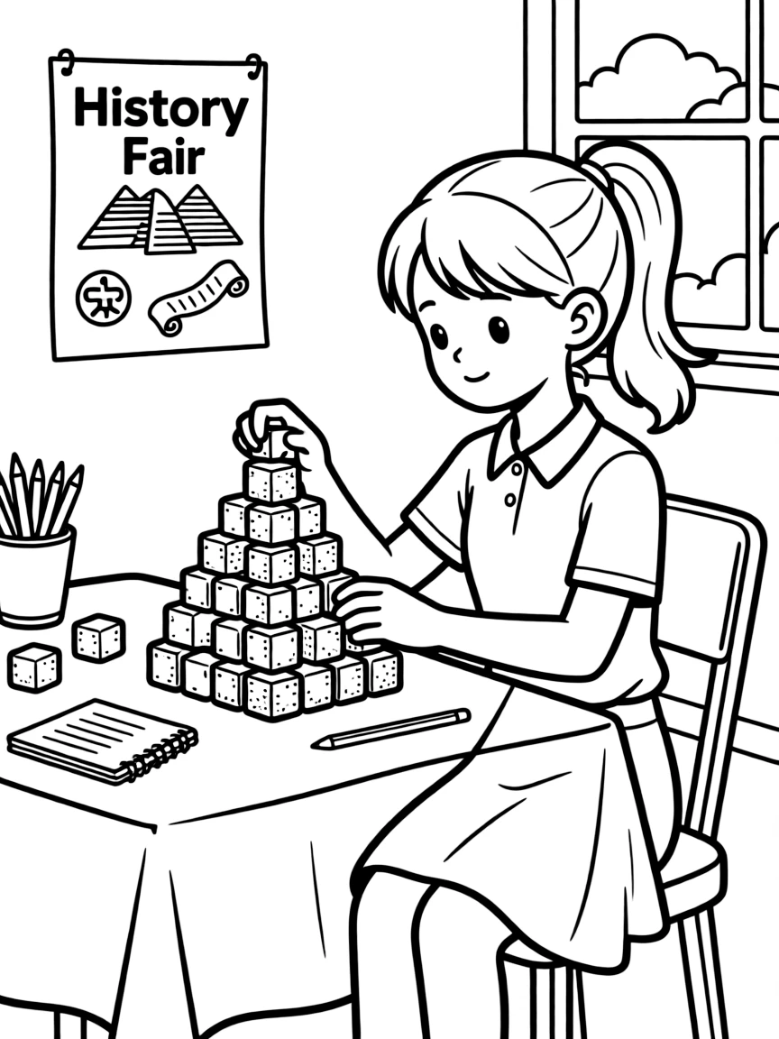 a bold young girl builds a pyramid model out of sugar cubes for a history fair.