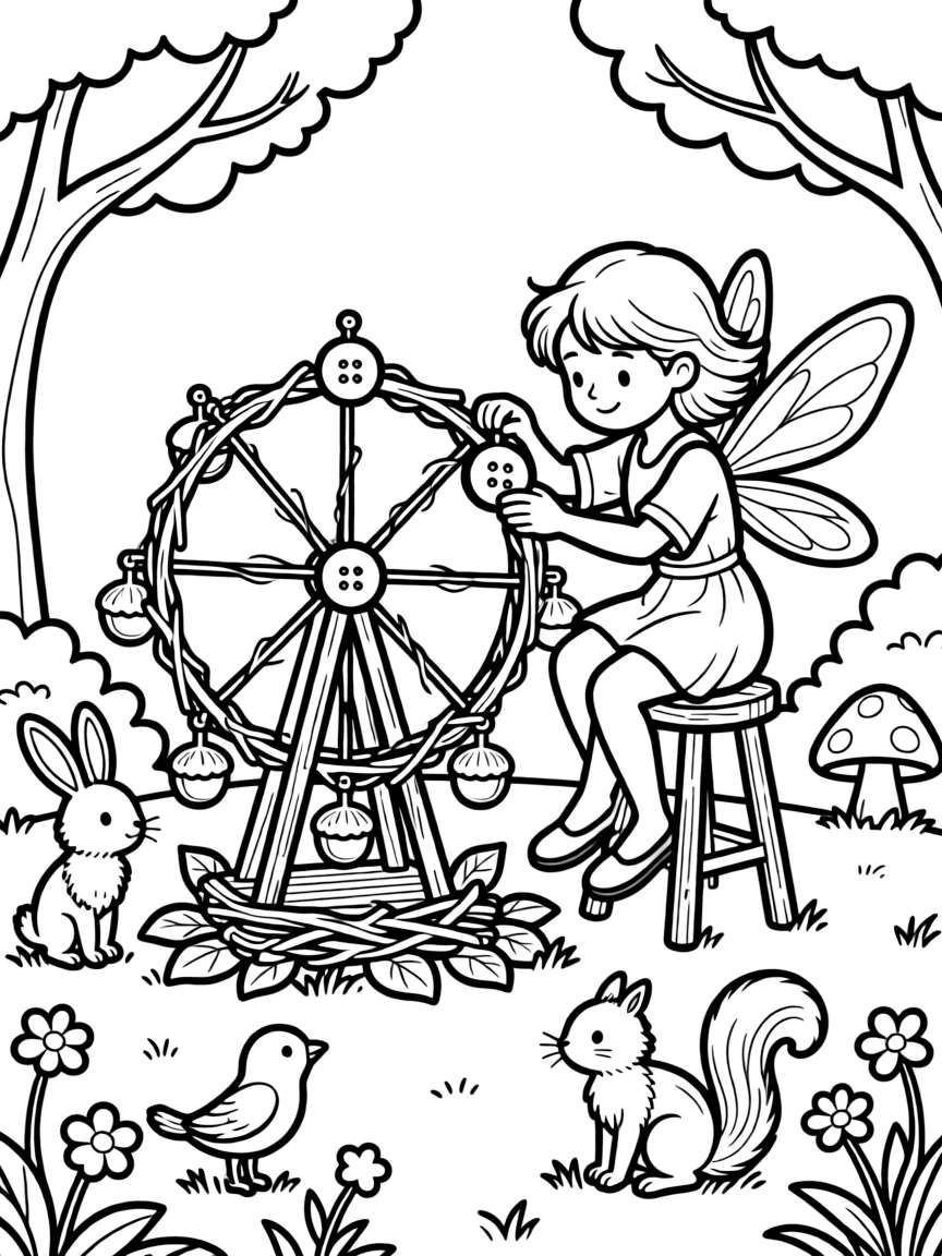 A fairy carpenter builds a tiny Ferris wheel from twigs and buttons for the woodland creatures' summer fair.