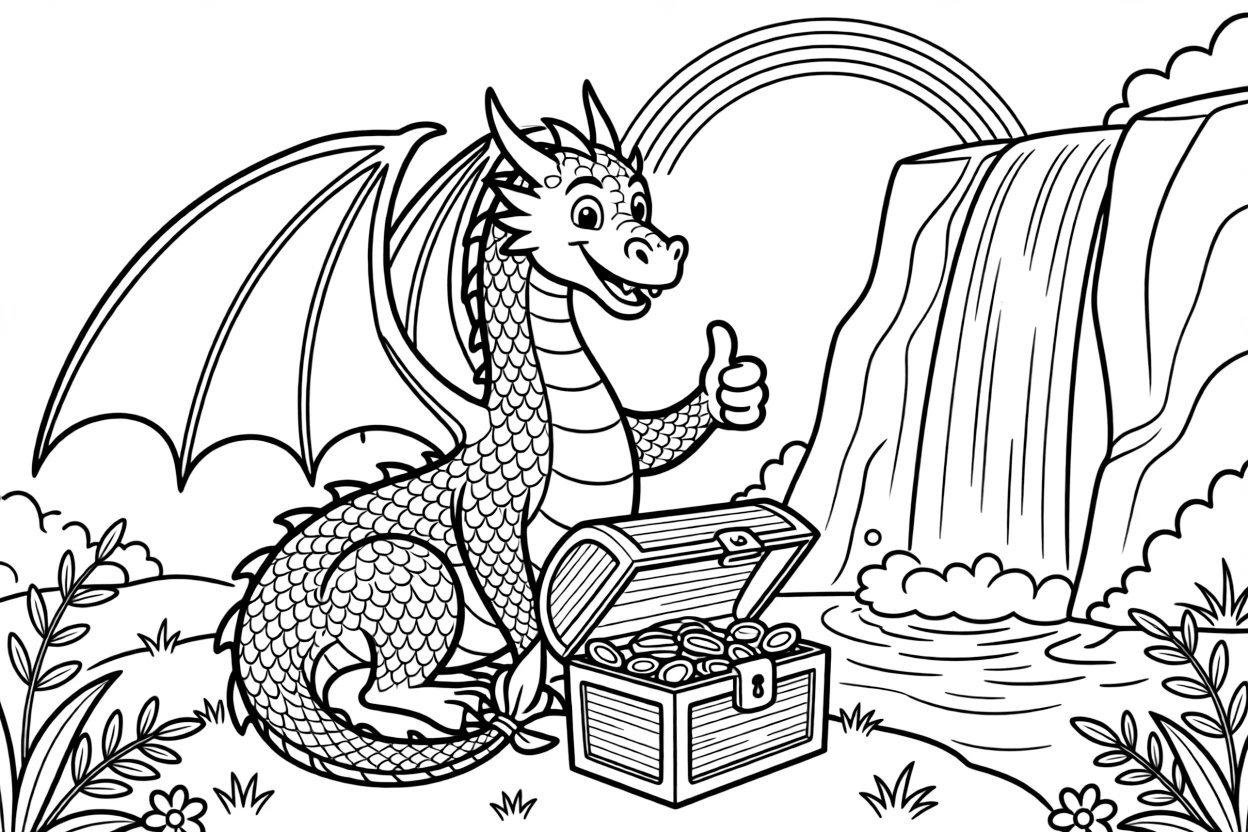 [Dragons] a majestic winged dragon curling around a treasure chest beside a waterfall tumbling down cliffs, giving a confident thumbs-up, while a rainbow arcs across the horizon fills the surrounding area. Its scales catch the light in interesting patterns. Set at high noon, with a light breeze blowing, the page bursts with adventure and imagination.