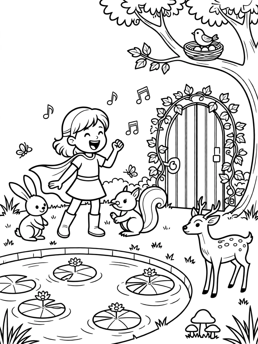 A girl superhero with a flowing cape is singing a cheerful tune with woodland animal friends beside a sparkling pond dotted with lily pads. Nearby, a garden gate covered in climbing ivy and a tiny bird's nest tucked in a nearby branch give the moment a cozy feel.