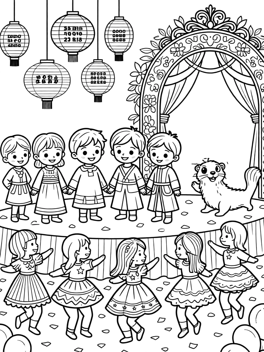 Children solving riddles written on paper lanterns on a decorated stage set up for a community celebration, with a playful otter playing close by amid a group of dancers in bright costumes and a decorated archway welcoming guests.