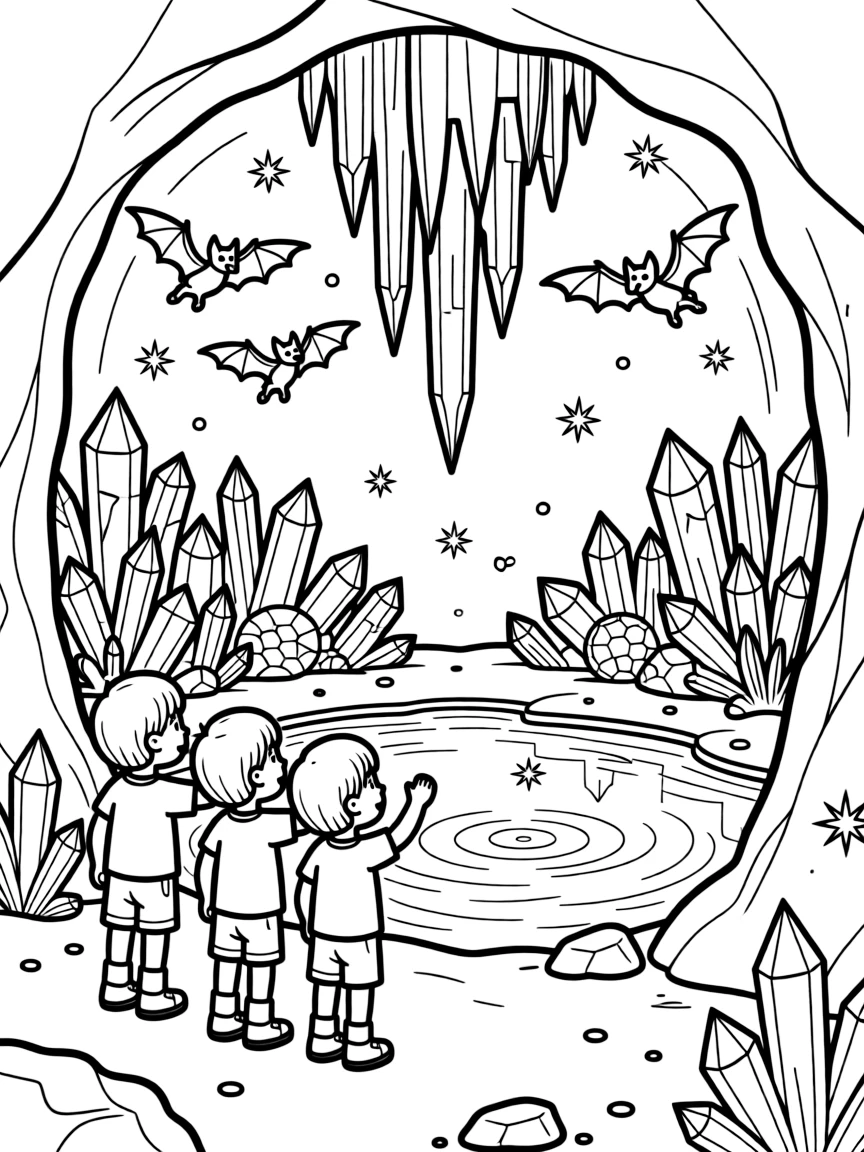 [Mystical Caves] A group of children discover a hidden cave filled with sparkling geode formations. A family of bats swoops gracefully around a cluster of towering stalactites. Glowing crystals embedded in the cave walls light the path like tiny stars. Shimmering light reflects off the underground pool, filling the cave with sparkle.