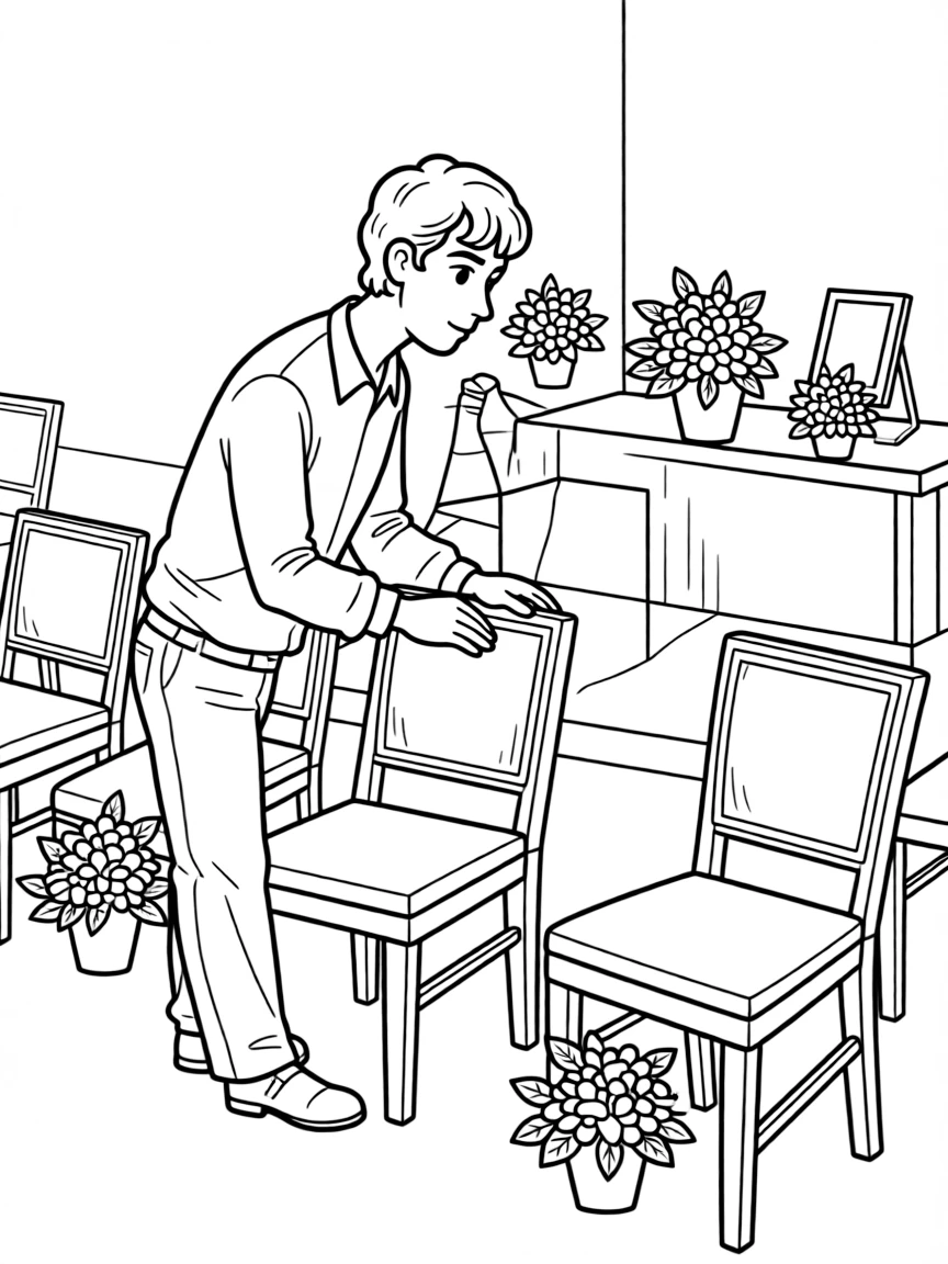 A funeral home director arranges chairs and flowers for a quiet memorial service.
