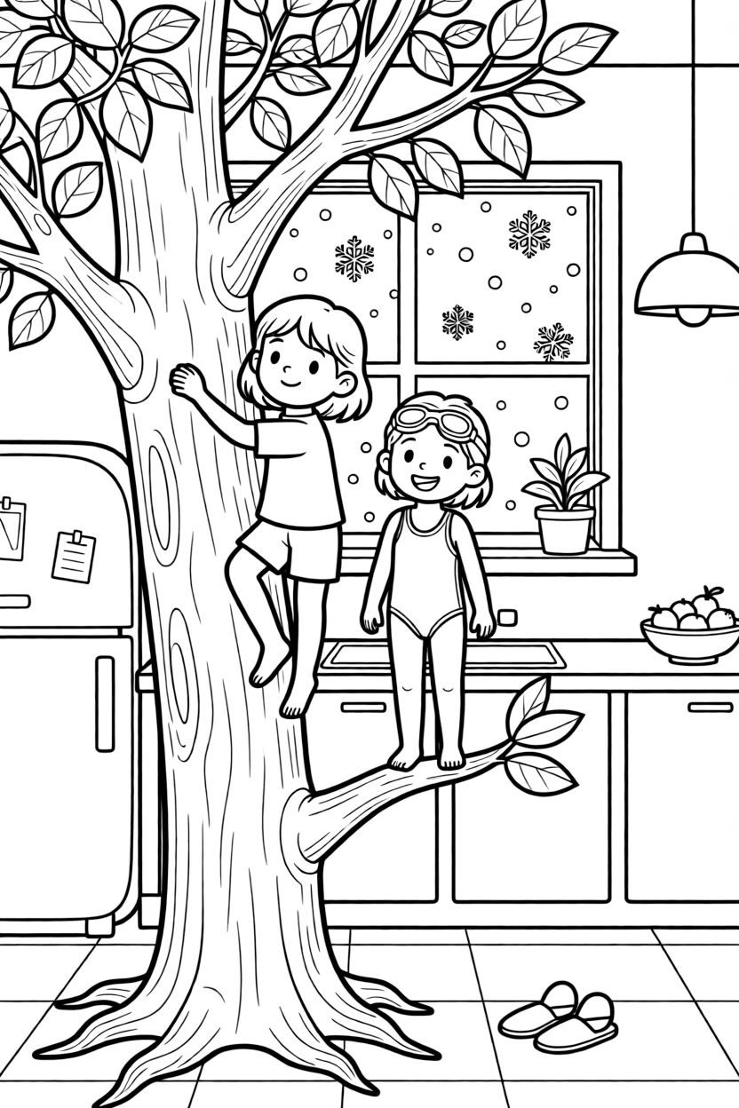 A dreamy-eyed girl climbing a tree with a friend from swim class in a sunny kitchen while snowflakes fall softly.