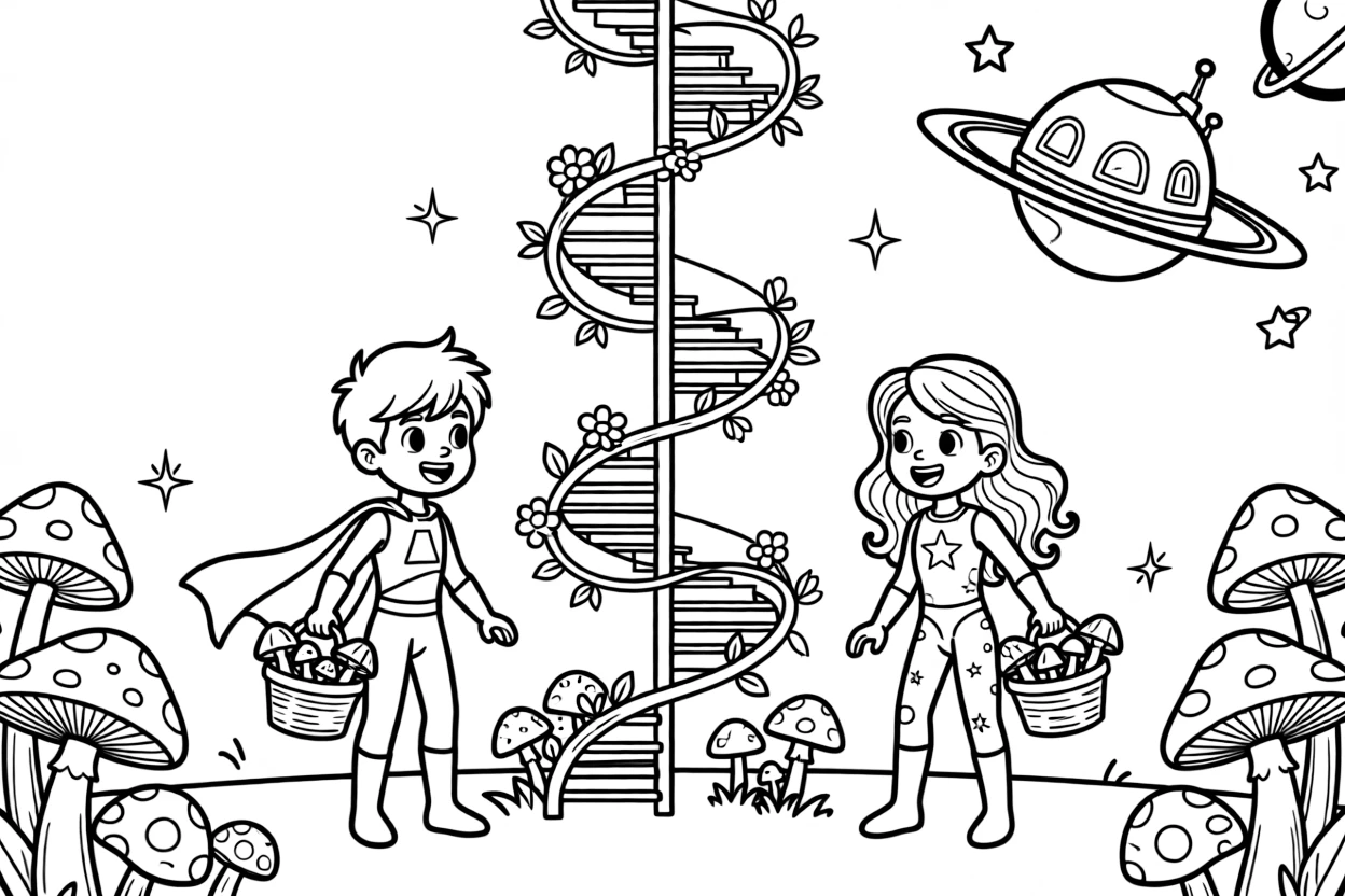 In a spiral space elevator connecting a planet to its orbiting station, twin superhero siblings Flux (super-strong) and Solstice (light-bending) collecting glowing mushrooms for a moonlit science fair, while a spiral staircase wrapped in glowing vines adds to the excitement.