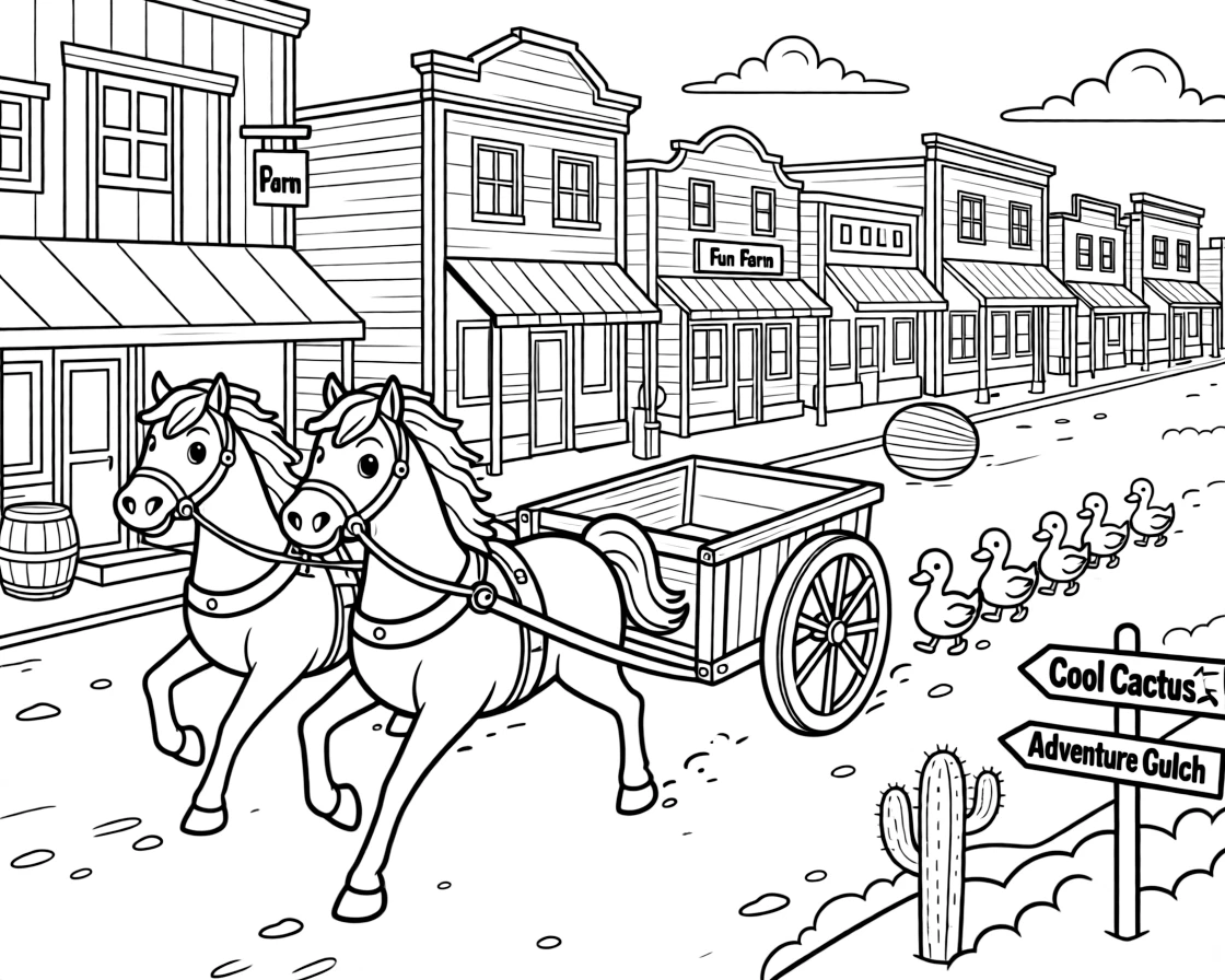 A big, friendly a two-wheeled chariot pulled by a pair of galloping horses rolls through a dusty Wild West town with wooden storefronts, with a family of ducks waddling alongside enjoying the ride and road signs pointing toward fun destinations adding a playful touch.