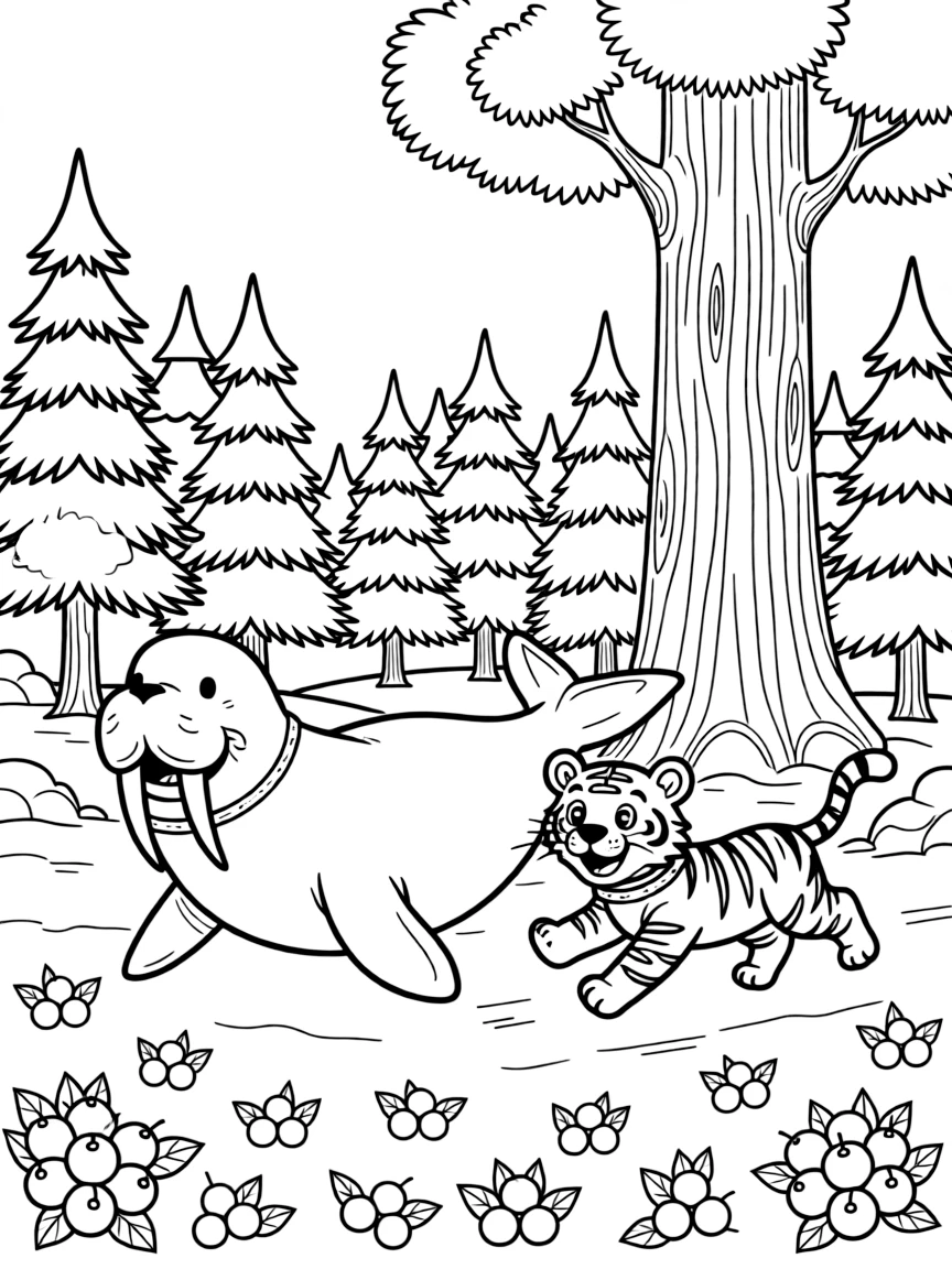 A walrus racing playfully alongside a tiger cub in a snowy pine forest, near a giant redwood tree, with ripe berries scattered on the ground.