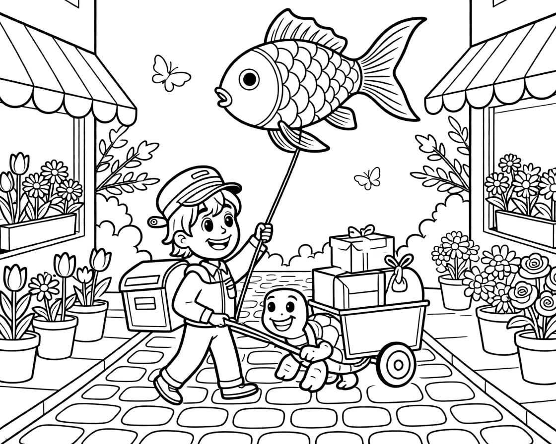 Starry-eyed and full of excitement, a snail mail carrier spends the day flying a kite shaped like a giant goldfish on a cobblestone street lined with flower shops. Nearby, a cart pulled by a very determined turtle adds to the fun. The whole crew is grinning from ear to ear.