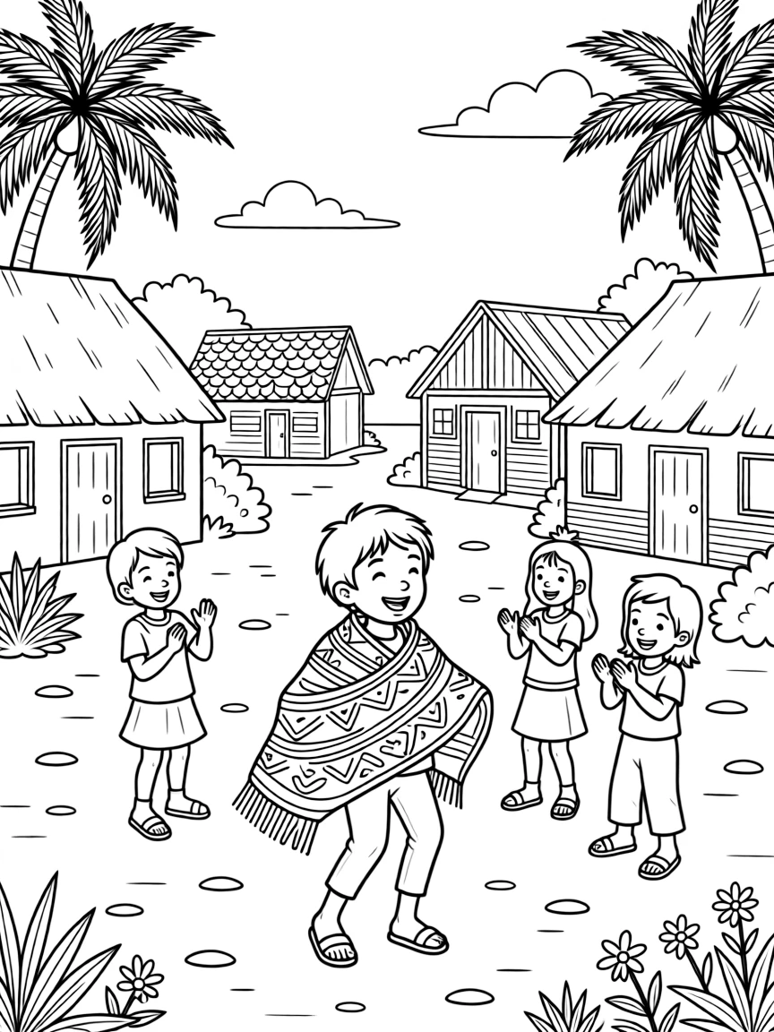 A coloring page from Madagascar showing a child wearing a bright lamba cloth wrapped around the shoulders, twirling happily in a village square while friends look on and clap.