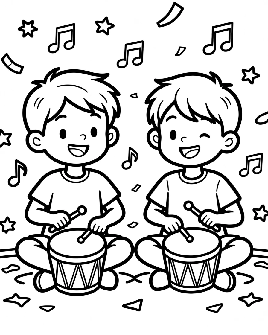 cheerful twin brothers beat a rhythm on a set of hand drums during a music circle.