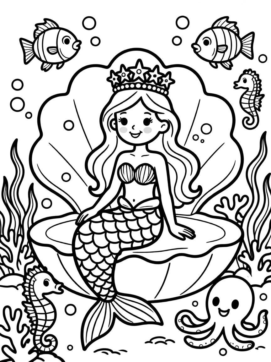A mermaid princess is crowned with a tiara made from starfish and pearls during an underwater coronation ceremony.