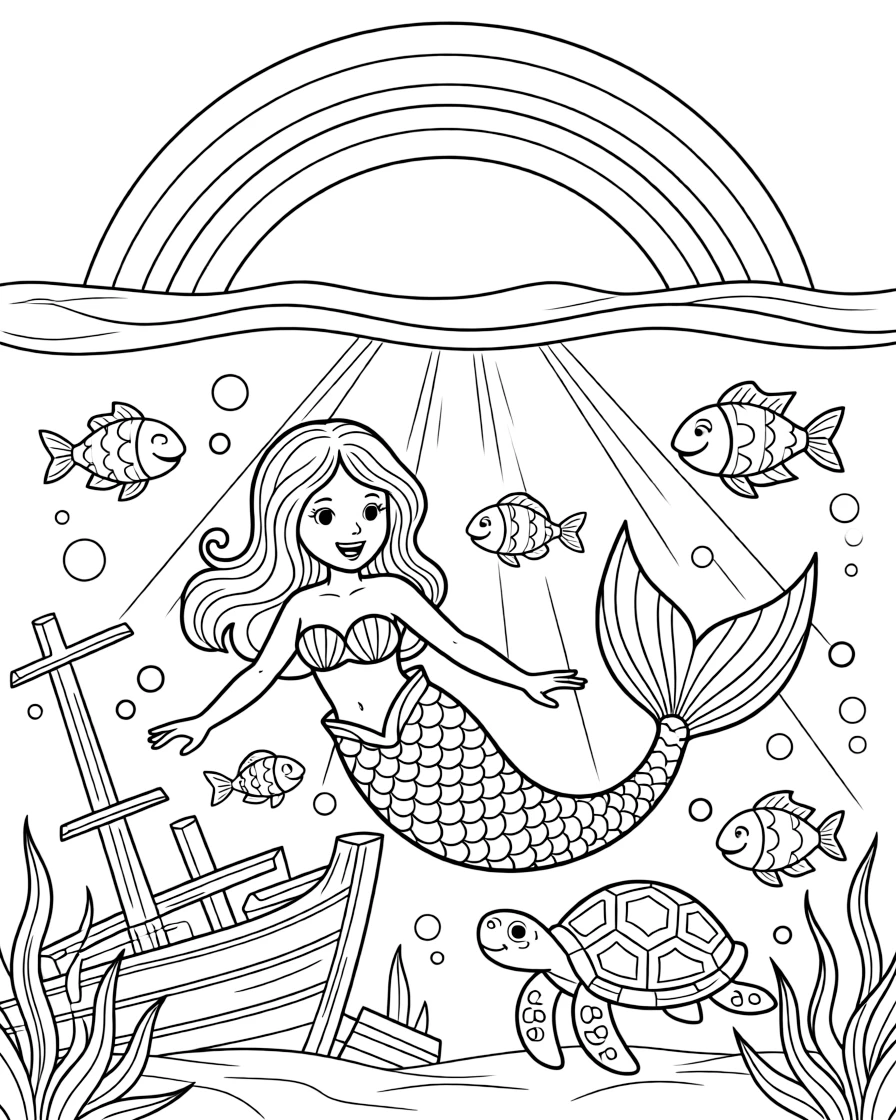 [Underwater Adventures] A dynamic scene shows a mermaid swimming among the fish swimming alongside a friendly sea turtle near a sunken shipwreck, gasping in amazement. Close by, sunlight filters down in golden beams. Light rays create a dreamy underwater glow. The moment unfolds on a foggy morning, with a rainbow arching overhead, filled with energetic detail perfect for a young colorist.