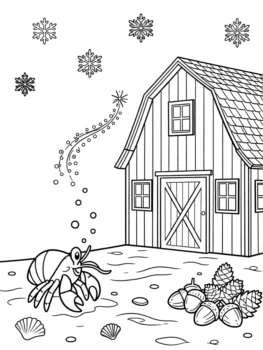 A hermit crab exploring the sand is catching snowflakes on an outstretched tongue on a farm beside a big red barn. In the background, a trail of glittering fairy dust and a cluster of acorns and pinecones scattered about complete the joyful scene.