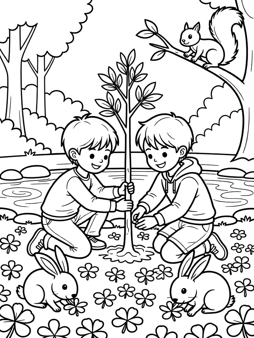 A close-up of children planting a young tree together at the edge of a peaceful woodland pond, surrounded by a squirrel scampering along a branch and a rabbit nibbling on clover.