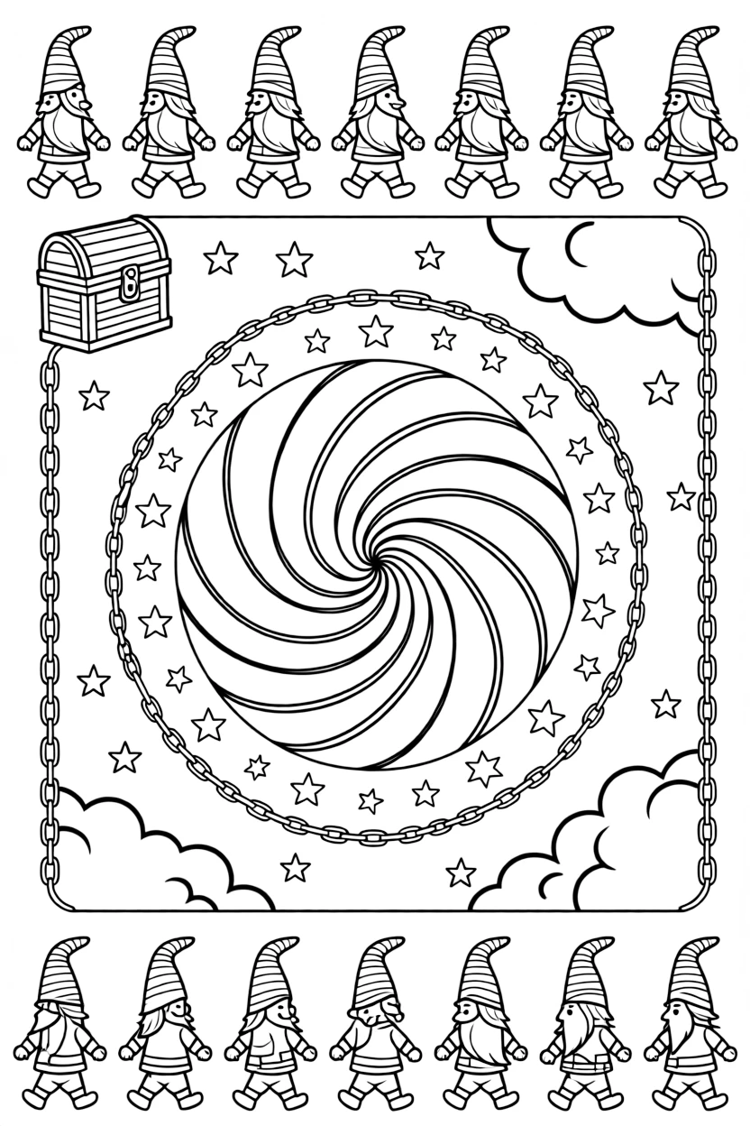 Mythical & Fantasy Creatures: The page centers on a repeating motif of a friendly forest gnome with a tall pointed hat, built around a shell-spiral mandala coiling outward in smooth turns. The motif is shown marching in a repeating row all the way around the border of the page, framing an open medallion left blank in the center. Decorative details fill the surrounding space, including interlocking circle chains, clusters of small five-point stars, and rounded puffy cloud shapes woven throughout the background. A playful extra touch completes the page: a small treasure chest half-hidden along one edge of the design.