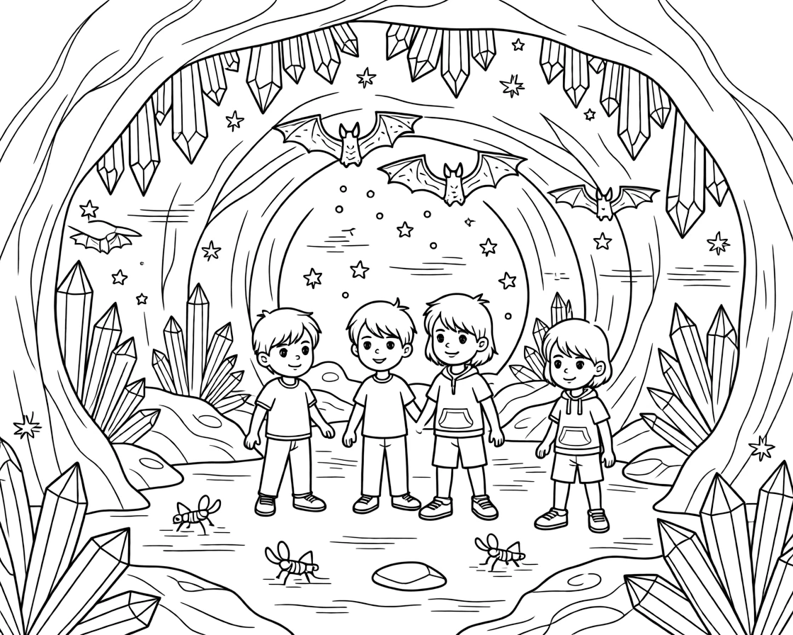 [Mystical Caves] A group of children discover a hidden cave filled with sparkling geode formations. Tiny cave crickets hop between rocks while bats hang quietly from the ceiling above. Glowing crystals embedded in the cave walls light the path like tiny stars. A gentle echo carries through the cavern beneath the soft glow of natural crystals.